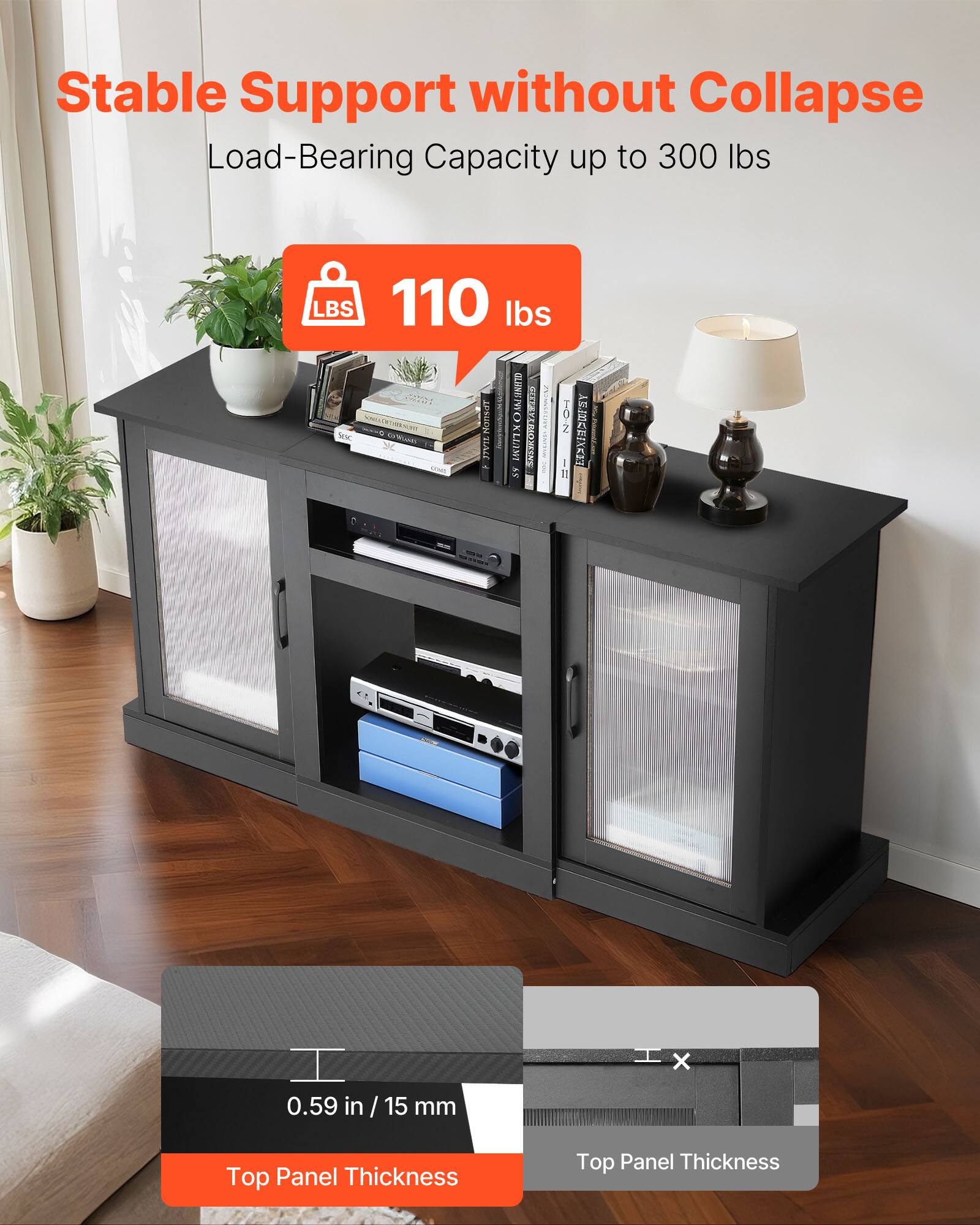 Stable Support without Collapse  
Load-Bearing Capacity up to 300 lbs  
110 lbs  
Top Panel Thickness: 0.59 in / 15 mm