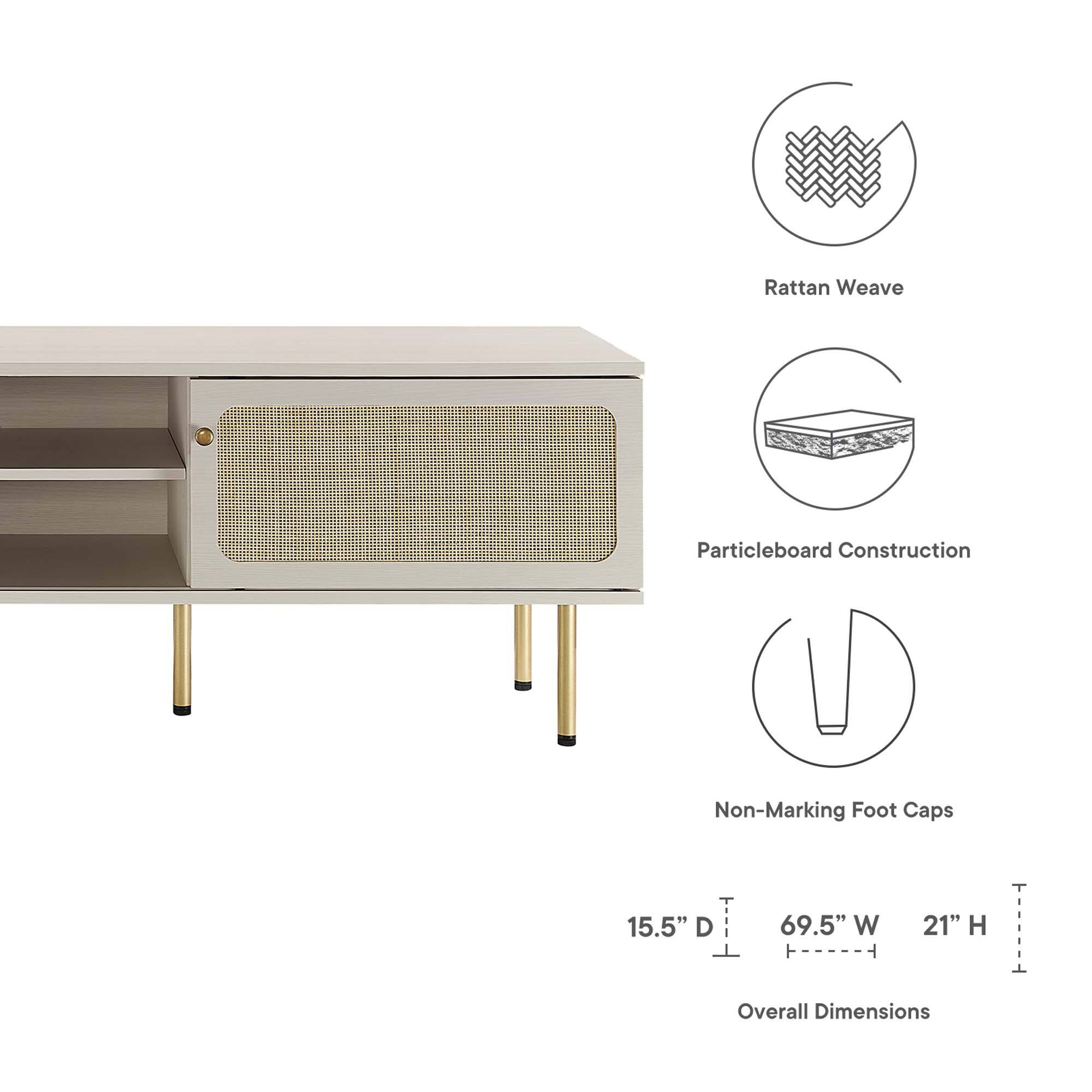 Rattan Weave Particleboard Construction Non-Marking Foot Caps  
15.5" D 69.5" W 21" H Overall Dimensions