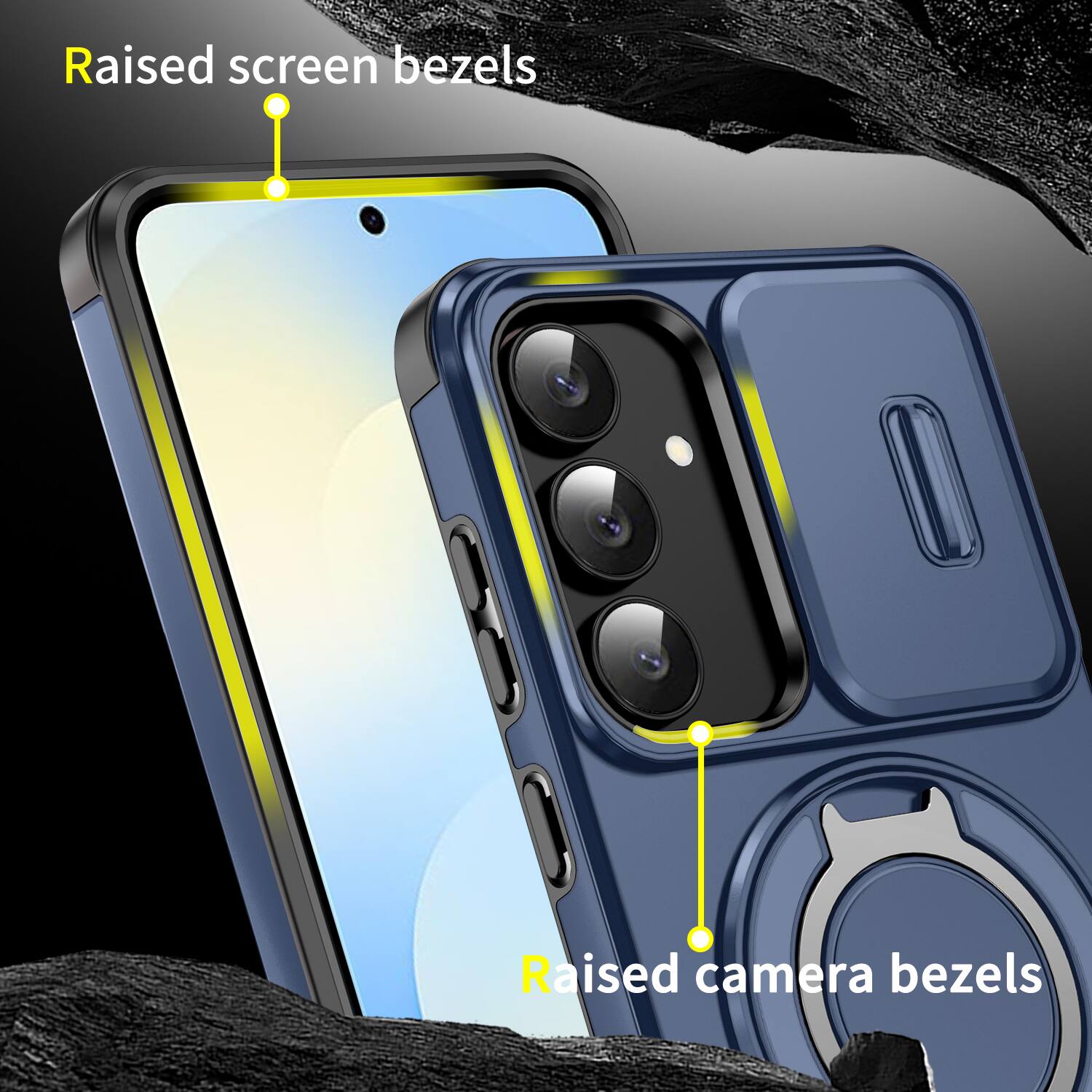 Raised screen bezels  
Raised camera bezels