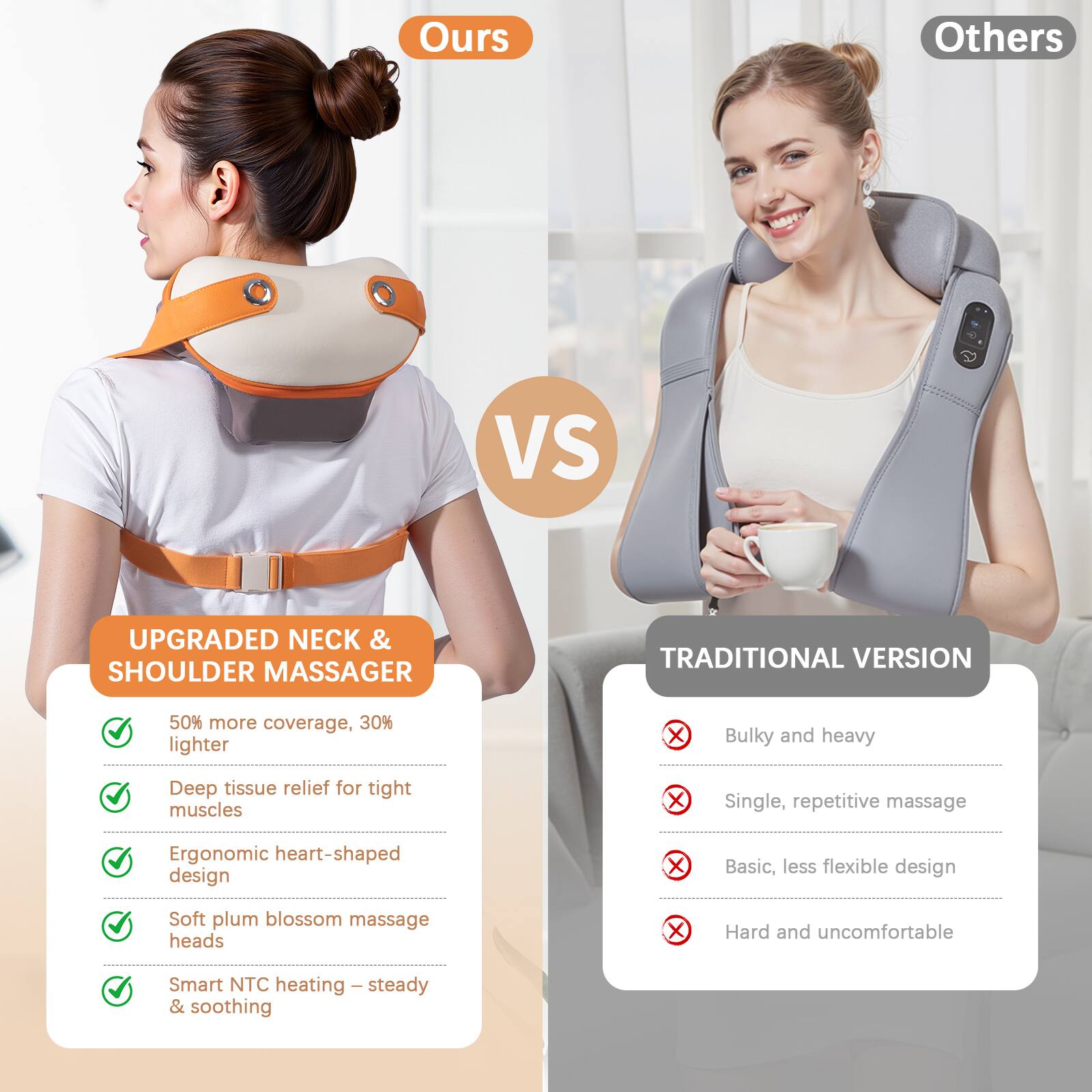 **Ours**

**UPGRADED NECK & SHOULDER MASSAGER**

- 50% more coverage, 30% lighter
- Deep tissue relief for tight muscles
- Ergonomic heart-shaped design
- Soft plum blossom massage heads
- Smart NTC heating – steady & soothing

**Others**

**TRADITIONAL VERSION**

- Bulky and heavy
- Single, repetitive massage
- Basic, less flexible design
- Hard and uncomfortable