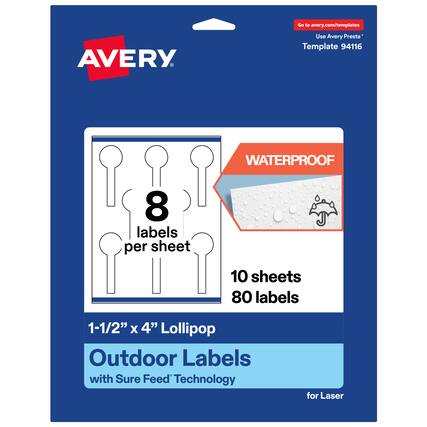 Go to avery.com/templates
Use Avery Presta* Template 94116
WATERPROOF
8 labels per sheet
10 sheets
80 labels
1-1/2" x 4" Lollipop Outdoor Labels with Sure Feed Technology for Laser