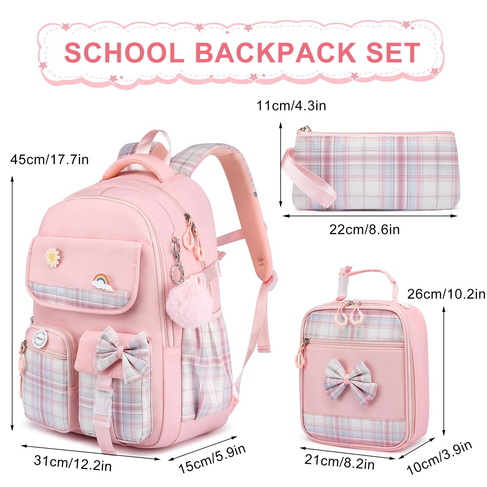 SCHOOL BACKPACK SET

- Backpack: 45cm/17.7in (height) x 31cm/12.2in (width) x 15cm/5.9in (depth)
- Pencil Case: 22cm/8.6in (length) x 11cm/4.3in (height)
- Lunch Box: 26cm/10.2in (height) x 21cm/8.2in (width) x 10cm/3.9in (depth)