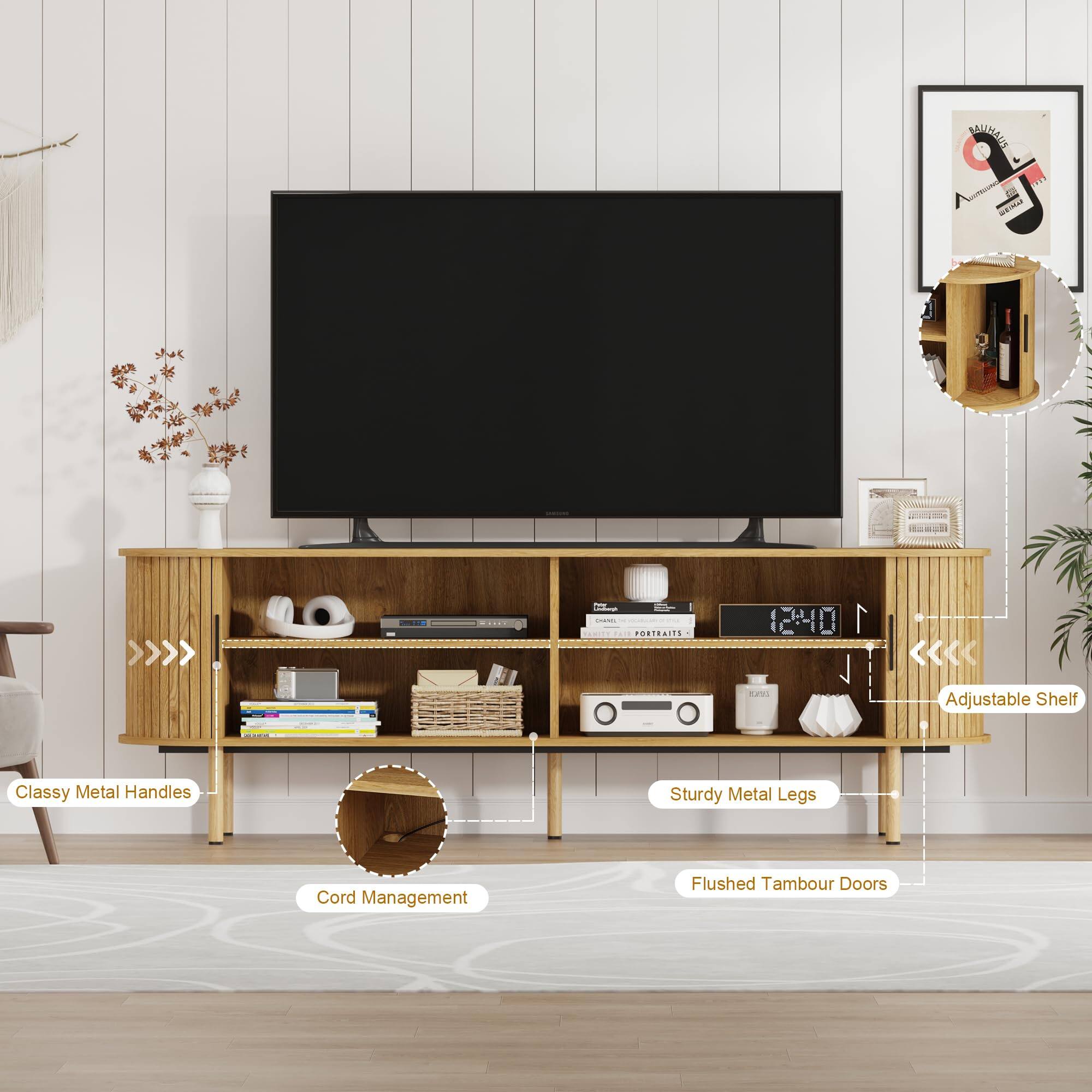 - Adjustable Shelf
- Classy Metal Handles
- Sturdy Metal Legs
- Cord Management
- Flushed Tambour Doors