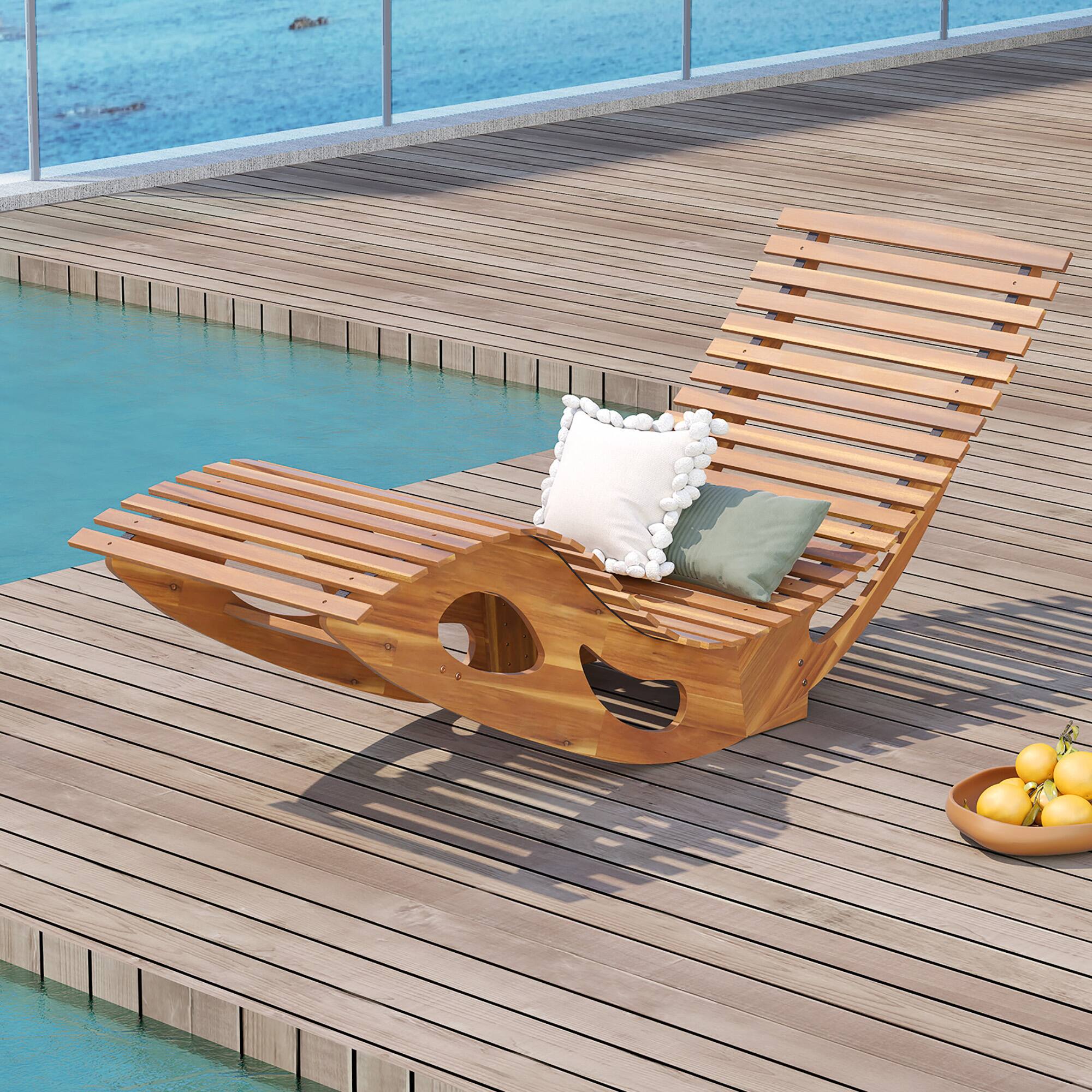 Alt View 4. Gymax - Gymax 2PCS Outdoor Chaise Lounge w/ High Back Slatted Seat Stopper Outside Wood Rocker - Natural.