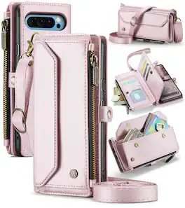 Dteck - Crossbody Wallet Case for Google Pixel 10 Pro XL with 10 Card Slots and Zipper Pocket, RFID Blocking PU Leather Cover - Pink