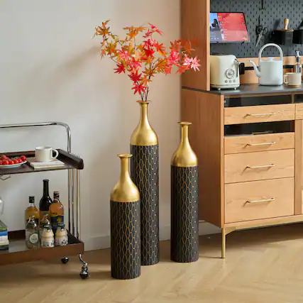 Front. Anysun - Black and Gold Metal Vase Set of 3 - Elegant Floor Vases for Floral Display, Wedding and Mother's Day Gift - Black.