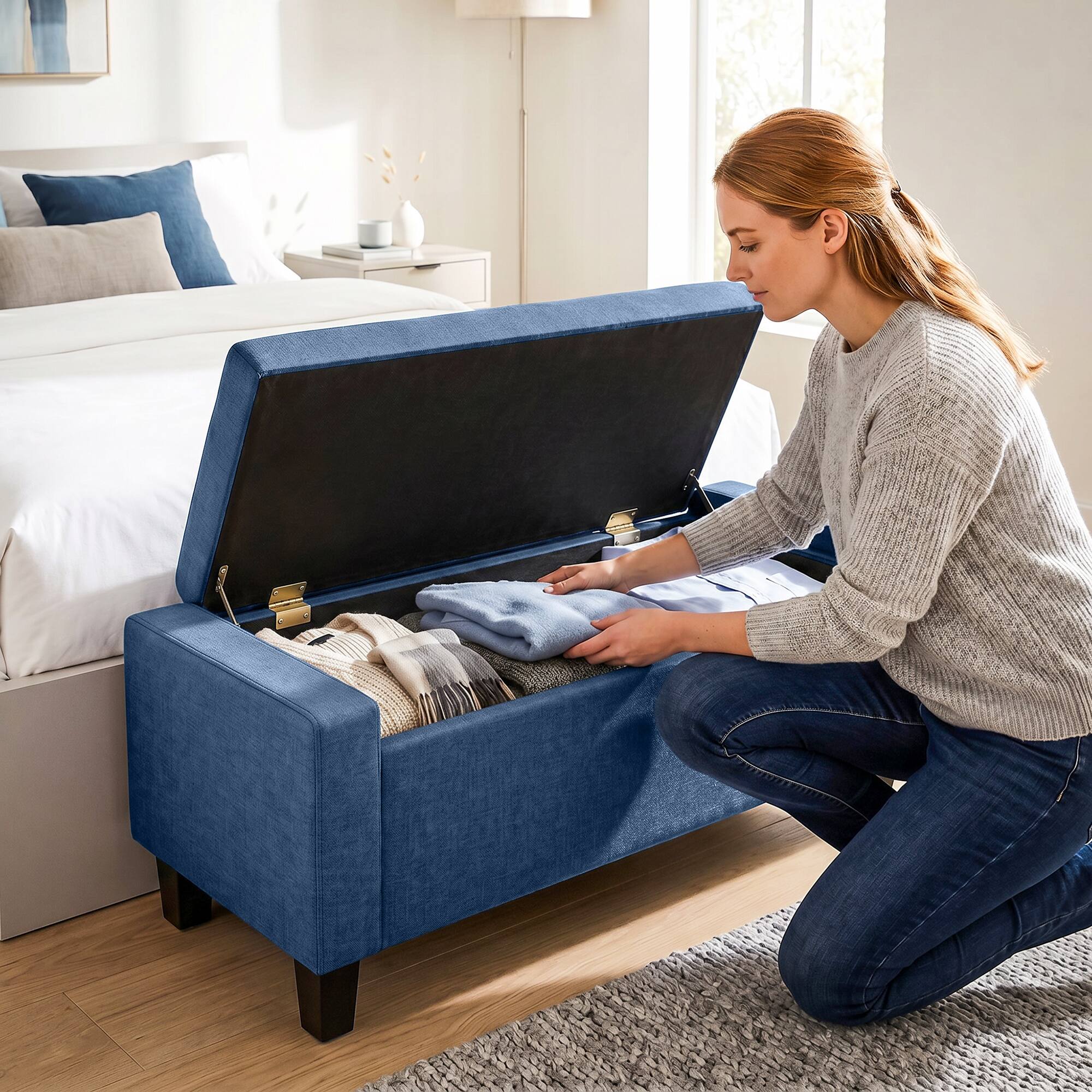 Alt View 8. Homcom - Ottoman, Storage Bench with Wooden Legs, Tufted Armrests for Entryway, Living Room, Bedroom - Blue.