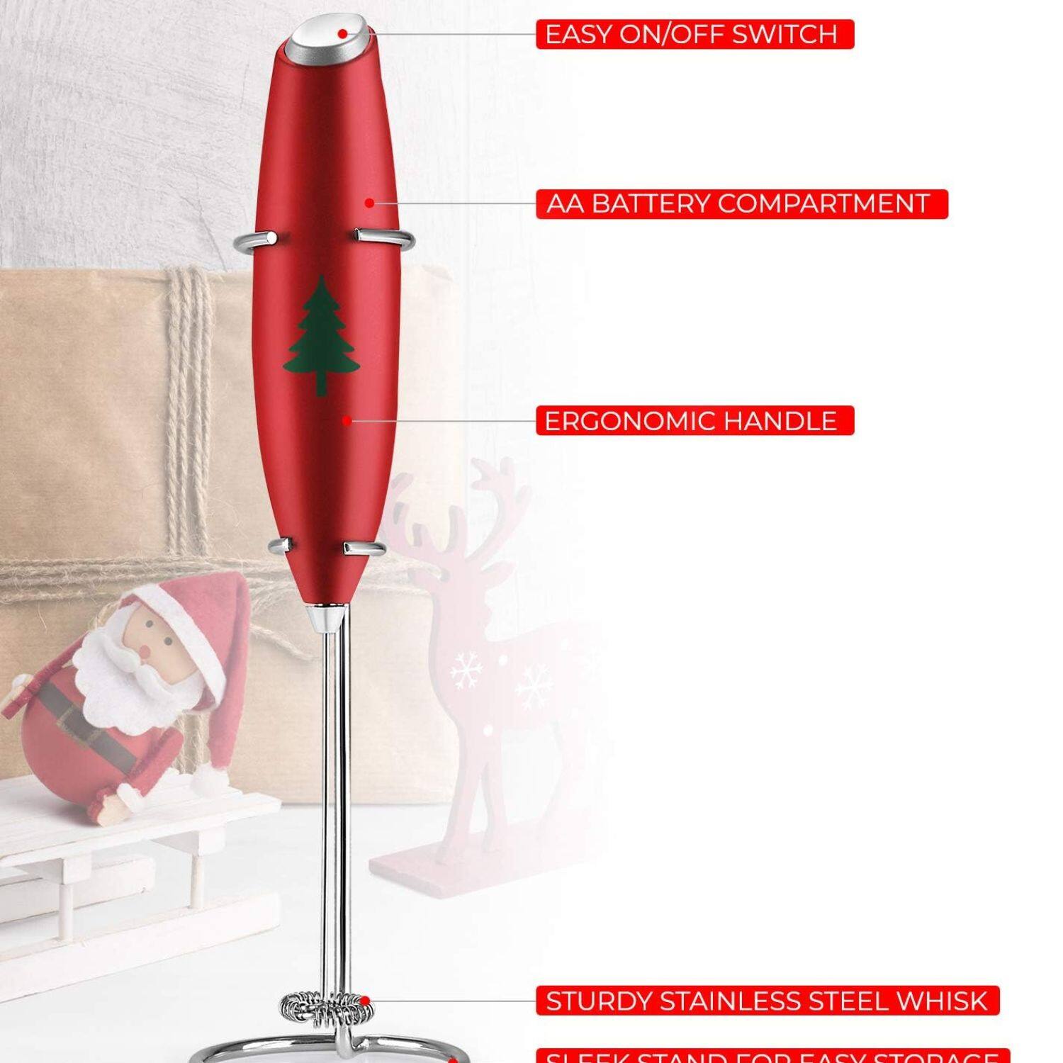 EASY ON/OFF SWITCH, AA BATTERY COMPARTMENT, ERGONOMIC HANDLE, STURDY STAINLESS STEEL WHISK, SLEEK STAND FOR EASY STORAGE