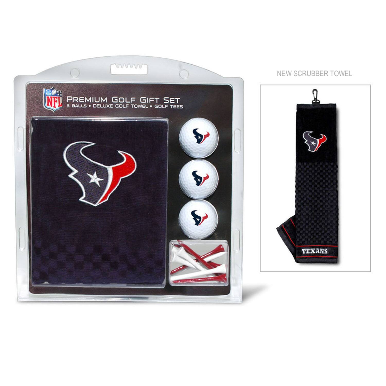 NEW SCRUBBER TOWEL  
NFL PREMIUM GOLF GIFT SET  
3 BALLS • DELUXE GOLF TOWEL • GOLF TEES  
TEXANS