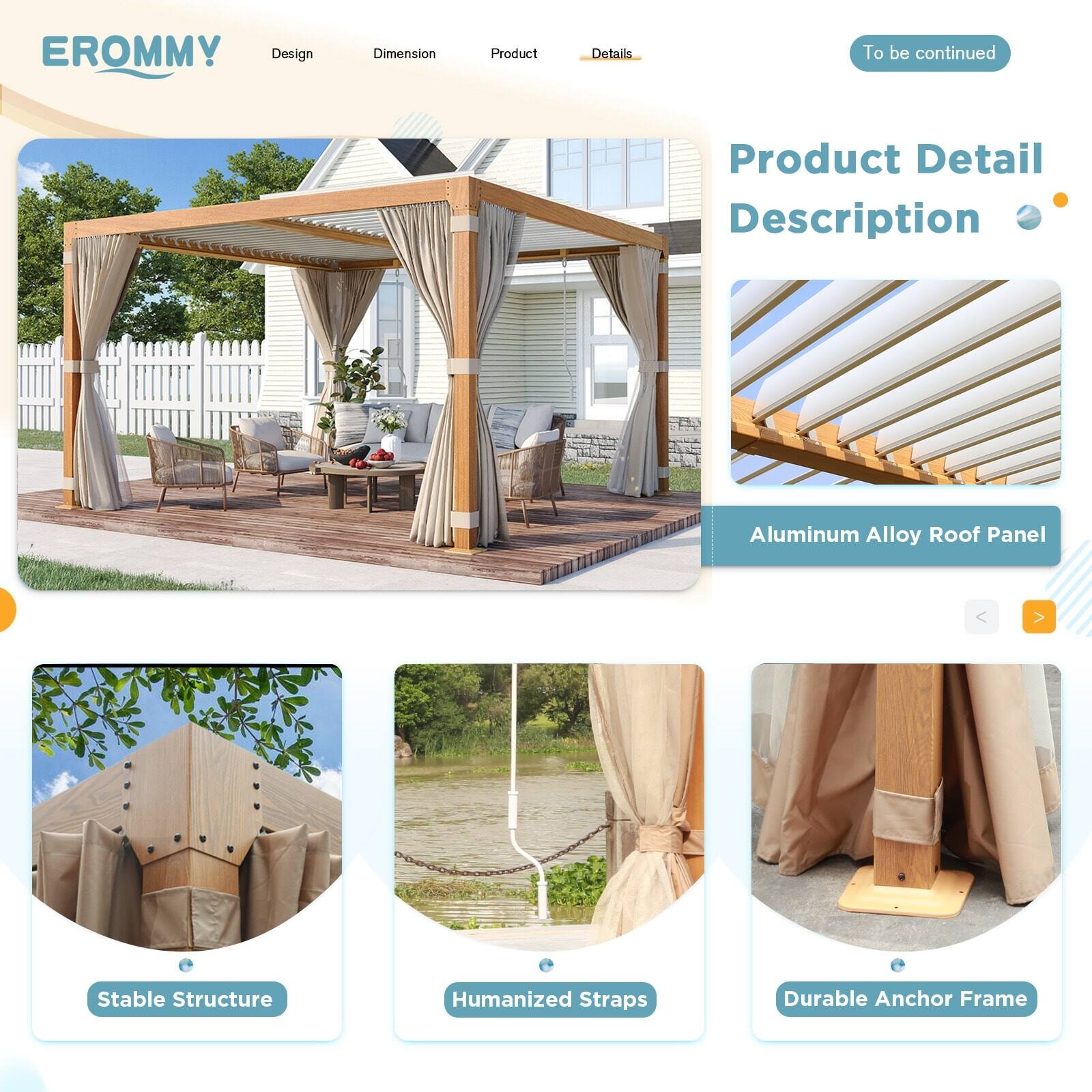 **EROMMY**

**Design** | **Dimension** | **Product** | **Details**

**Product Detail Description**

- **Aluminum Alloy Roof Panel**
- **Stable Structure**
- **Humanized Straps**
- **Durable Anchor Frame**

*To be continued*