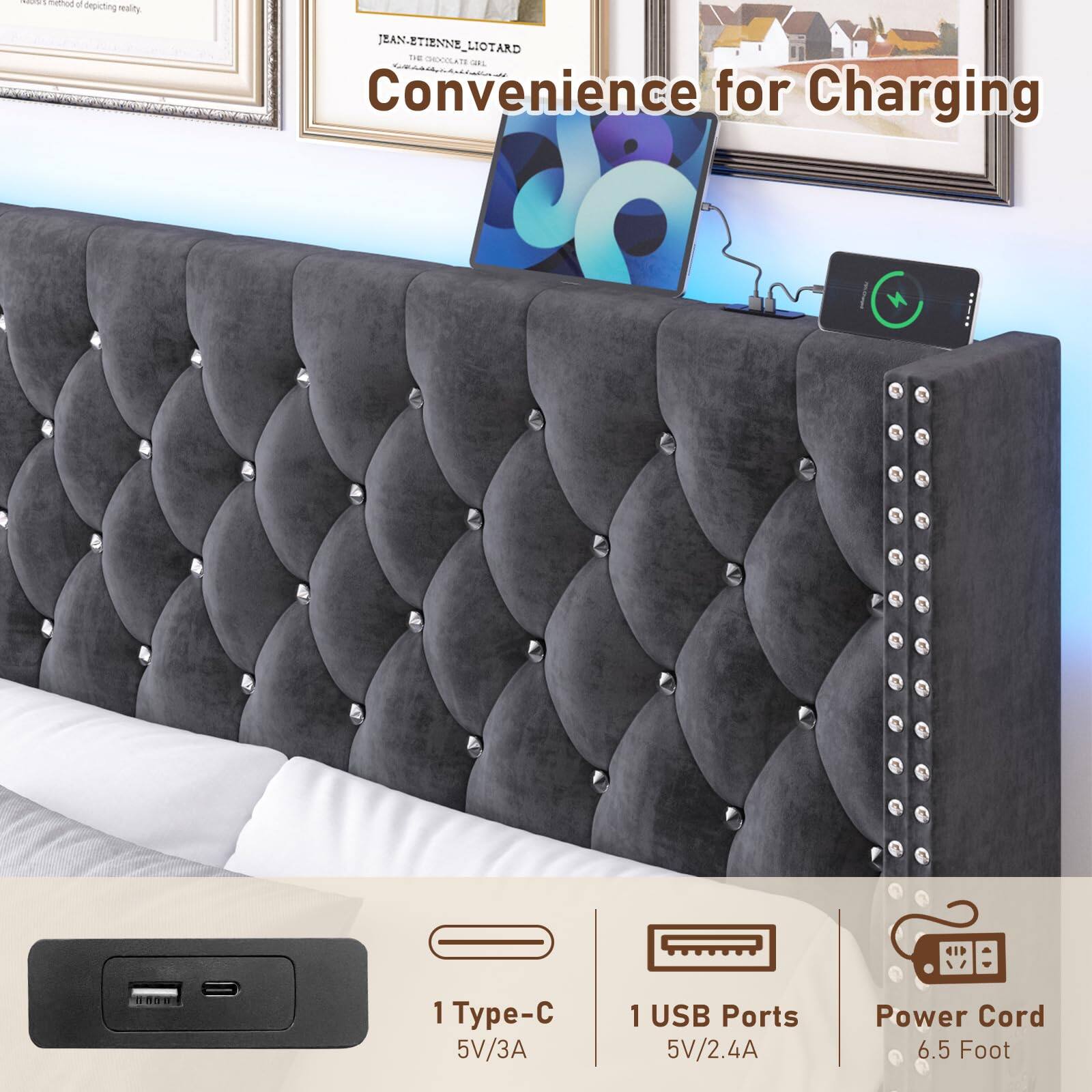 Convenience for Charging

1 Type-C  
5V/3A

1 USB Ports  
5V/2.4A

Power Cord  
6.5 Foot