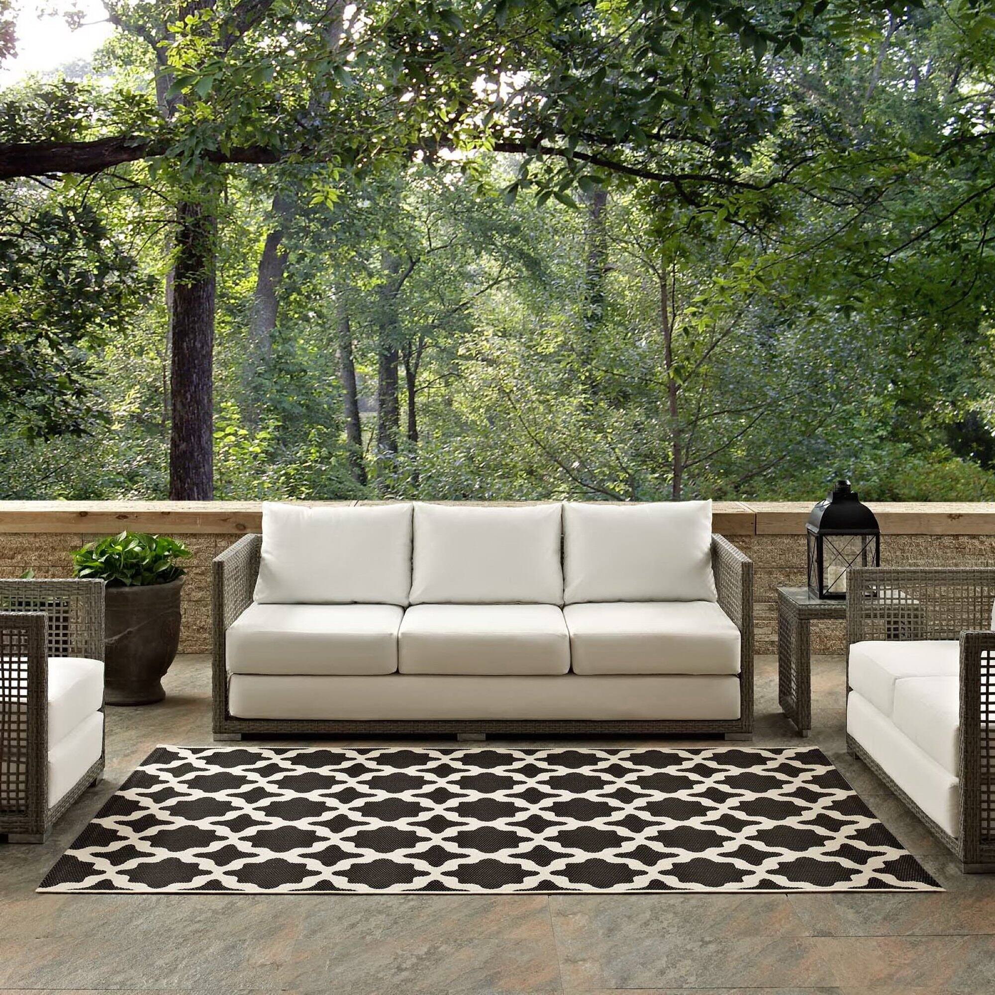 Left. Modway - Cerelia Moroccan Trellis Indoor and Outdoor Area Rug - Black and Beige.