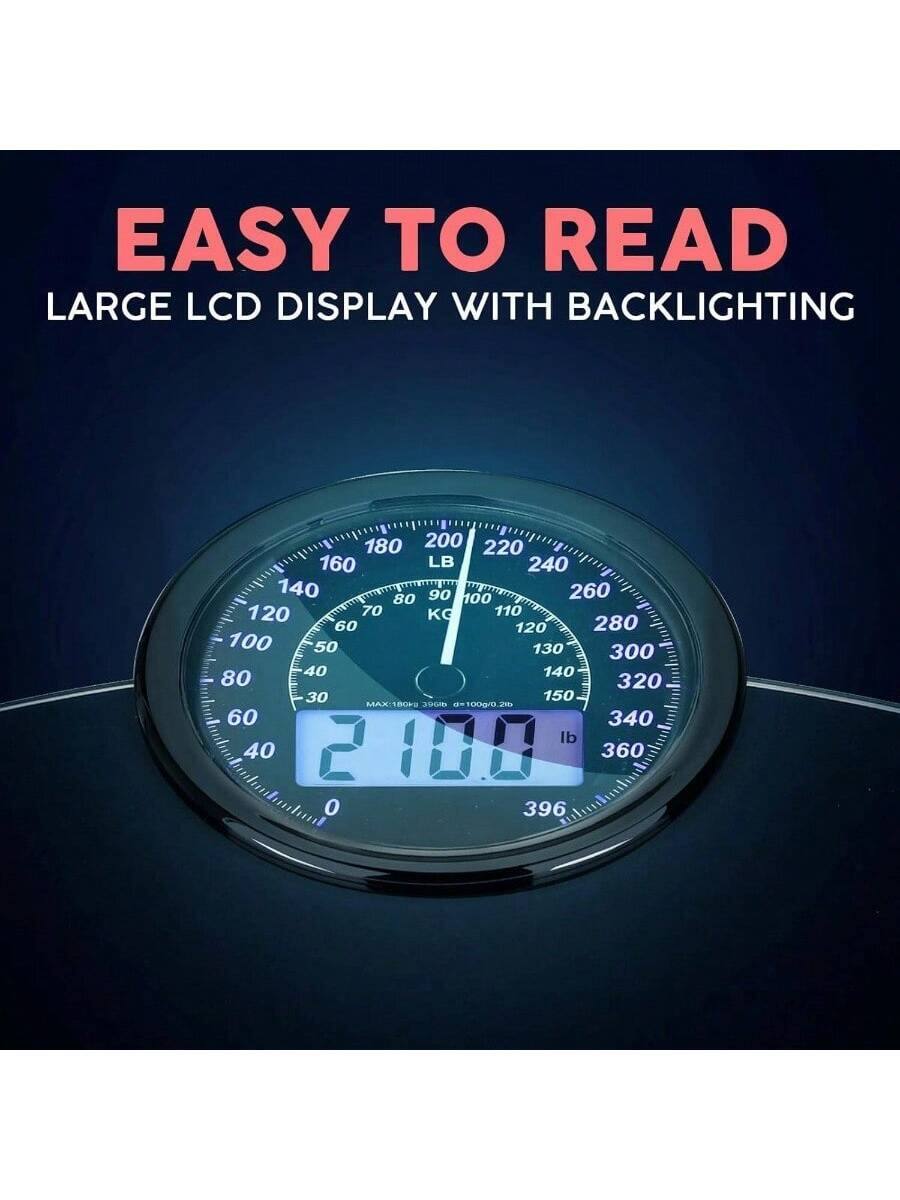 EASY TO READ  
LARGE LCD DISPLAY WITH BACKLIGHTING  

180 200 220 160 LB 240 140 80 90 100 260 120 70 KG 110 60 120 280 100 50 130 300 40 140 80 320 30 150 MAX: 1D0 GAD 0=1000/0 J 60 340 lb 40 2 00 360 o 396