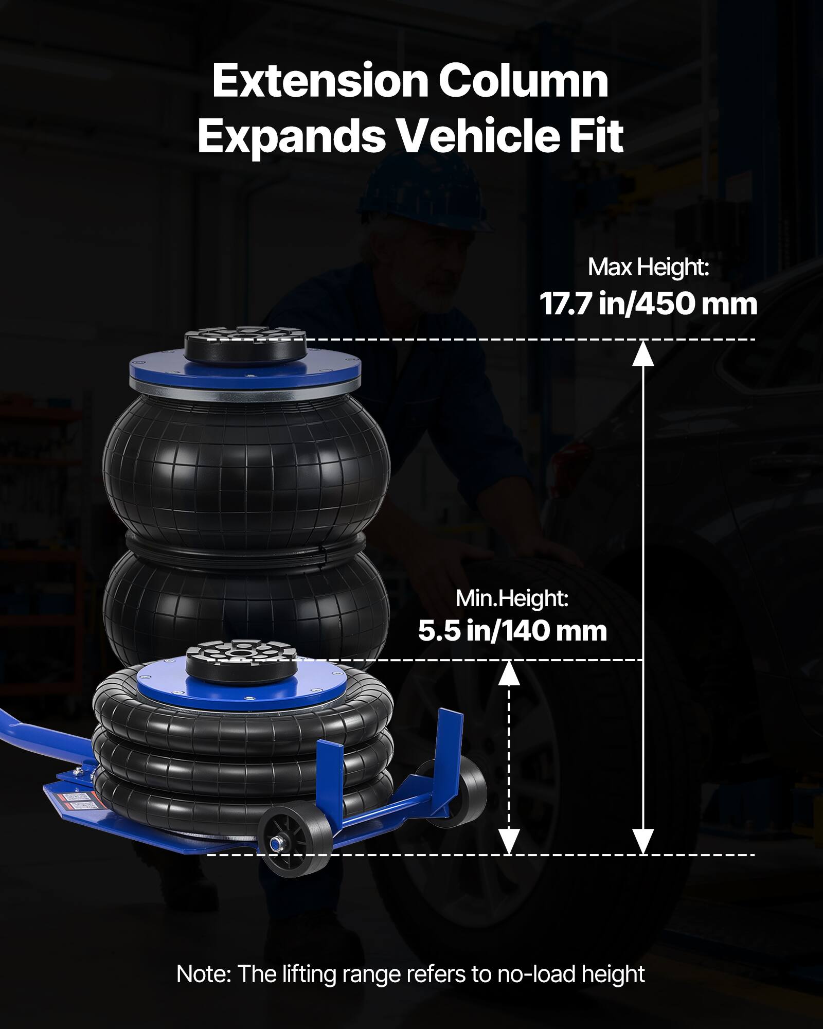 Extension Column Expands Vehicle Fit

Max Height: 17.7 in/450 mm

Min. Height: 5.5 in/140 mm

Note: The lifting range refers to no-load height