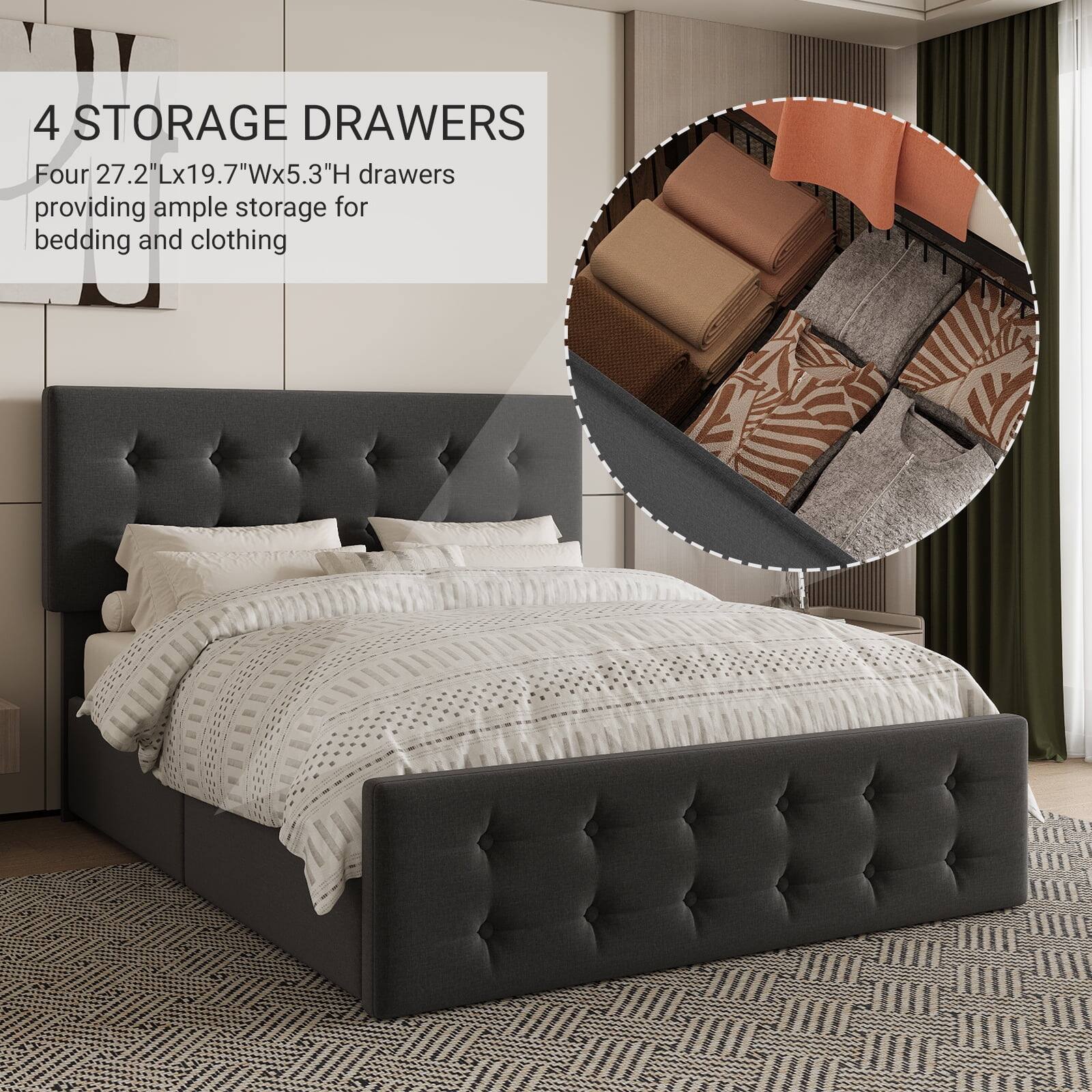 Qeetex Queen Bed Frame with 4 Storage Drawers & Headboard, Linen ...