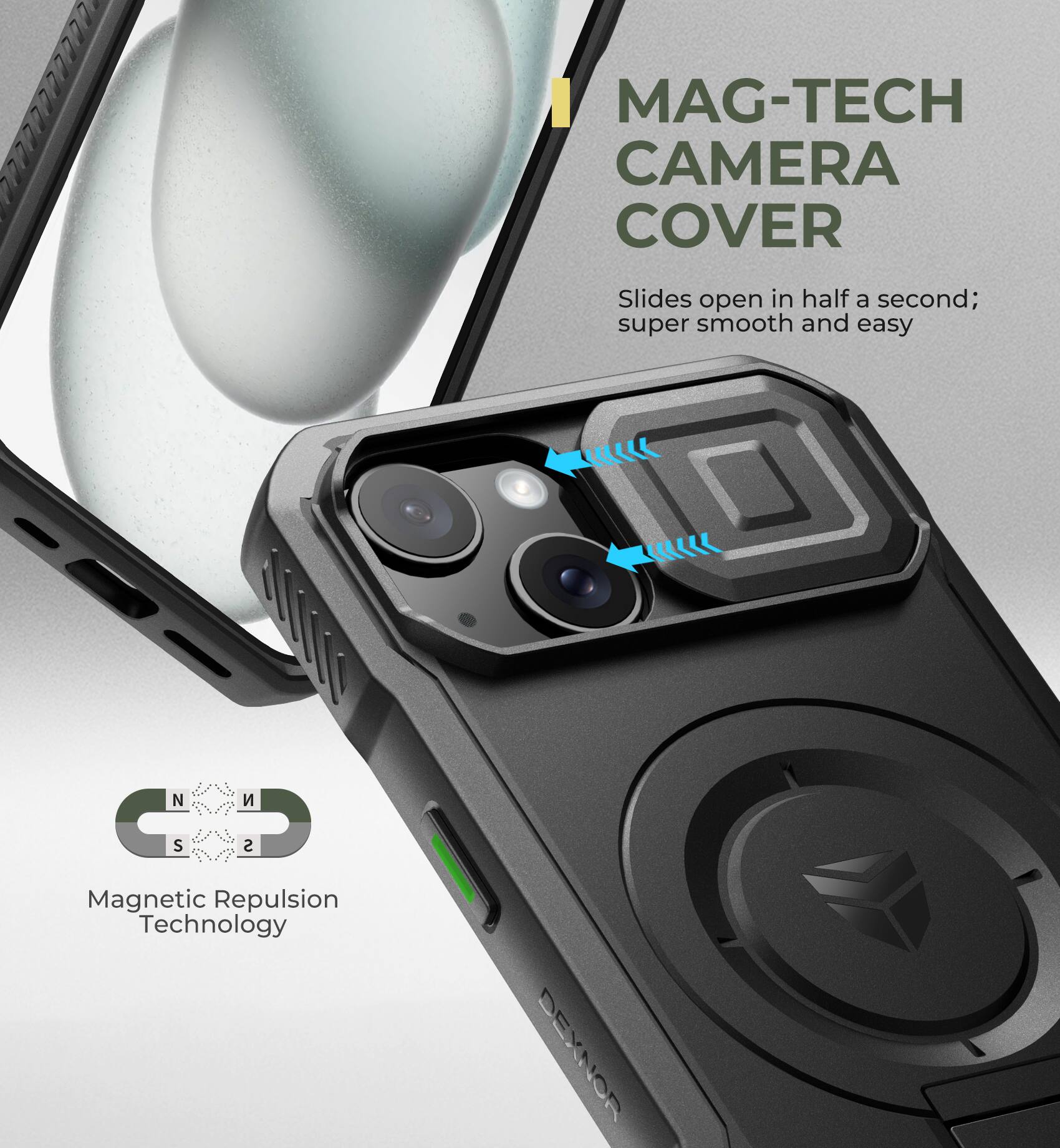 MAG-TECH CAMERA COVER  
Slides open in half a second; super smooth and easy  

Magnetic Repulsion Technology