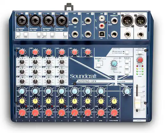 The image features a Soundcraft mixing board with various knobs and buttons. The board has a total of 12 knobs, with some of them being grouped together. There are also two rows of buttons, one above the other, with a total of 14 buttons. The board is designed for sound mixing and has a blue and black color scheme.