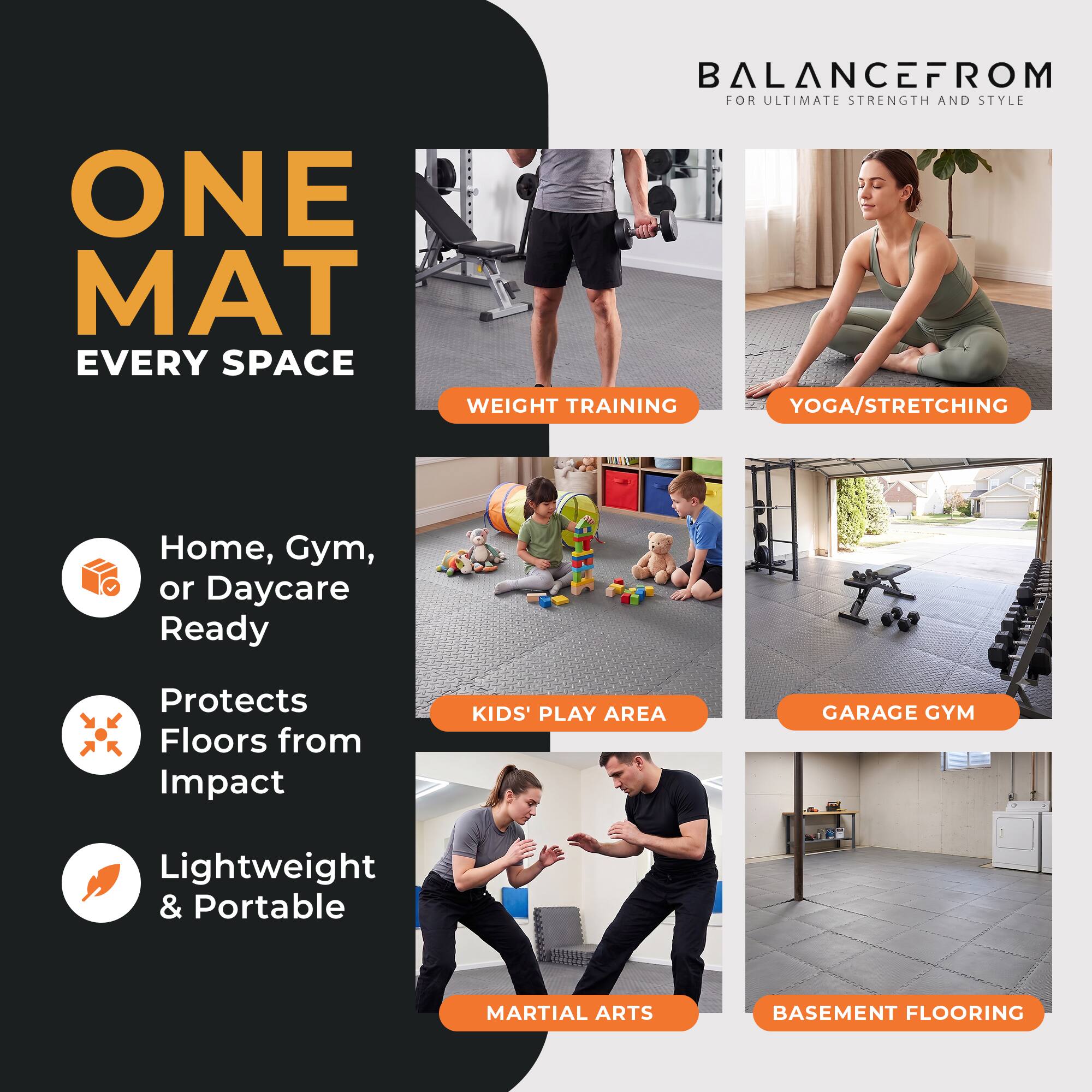 BALANCEFROM FOR ULTIMATE STRENGTH AND STYLE

ONE MAT EVERY SPACE

- WEIGHT TRAINING
- YOGA/STRETCHING
- KIDS' PLAY AREA
- GARAGE GYM
- MARTIAL ARTS
- BASEMENT FLOORING

Home, Gym, or Daycare Ready
Protects Floors from Impact
Lightweight & Portable