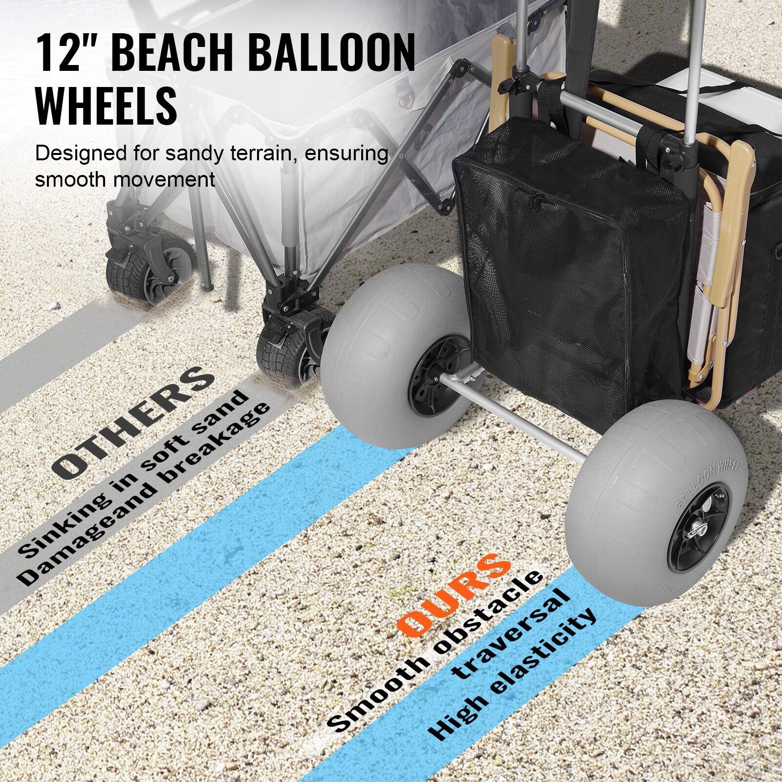 12" BEACH BALLOON WHEELS  
Designed for sandy terrain, ensuring smooth movement  

OTHERS  
Sinking in soft sand  
Damage and breakage  

OURS  
Smooth obstacle traversal  
High elasticity