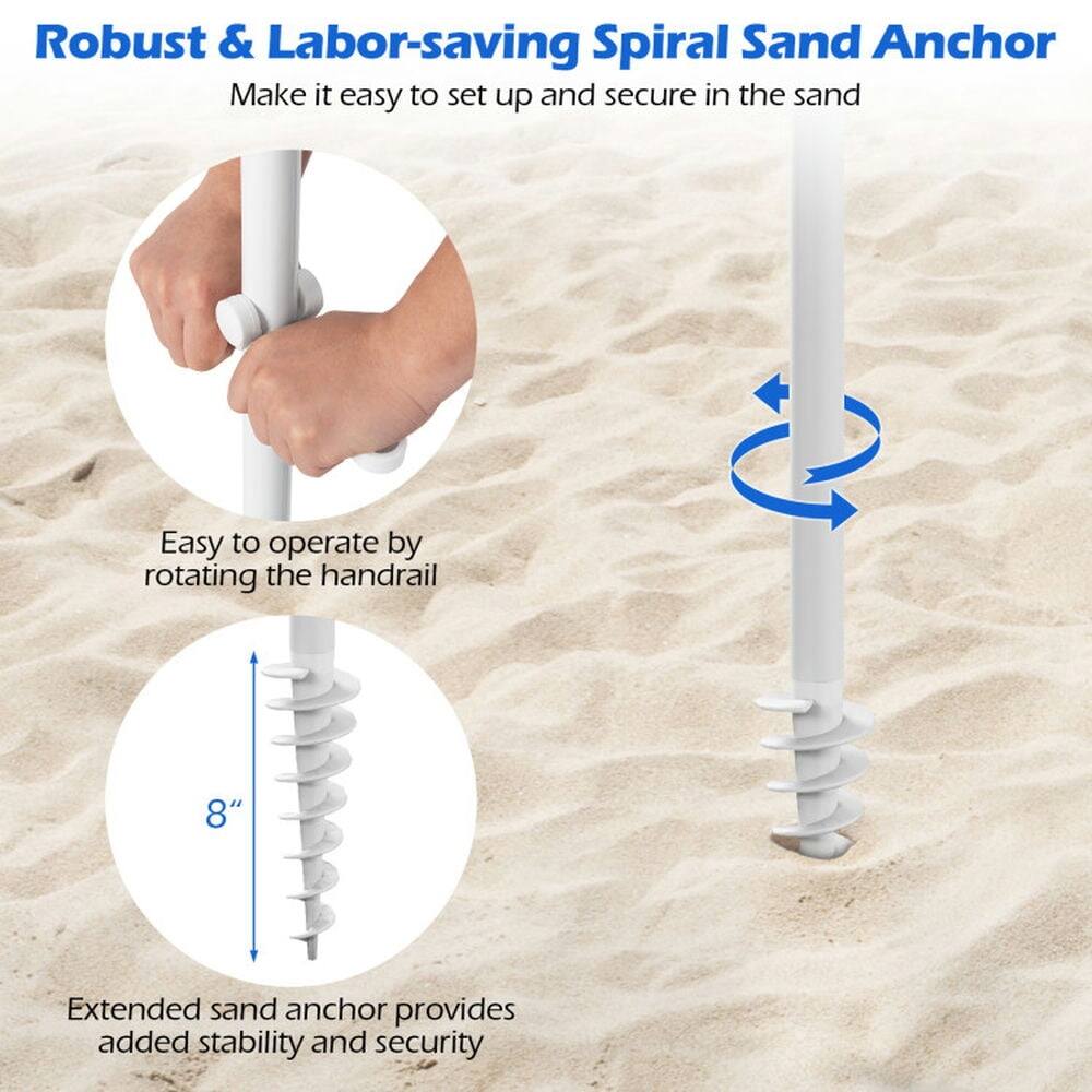 Robust & Labor-saving Spiral Sand Anchor  
Make it easy to set up and secure in the sand  

Easy to operate by rotating the handrail  

8" Extended sand anchor provides added stability and security
