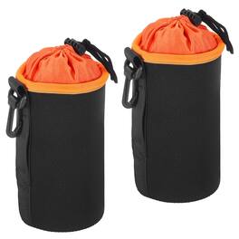 Unique Bargains - Camera Lens Bag, 2pcs 3.7"x7.1" Cylindrical Drawstring Pouch with Neoprene for DSLR Lens, Water Coffee Cups - Black Orange