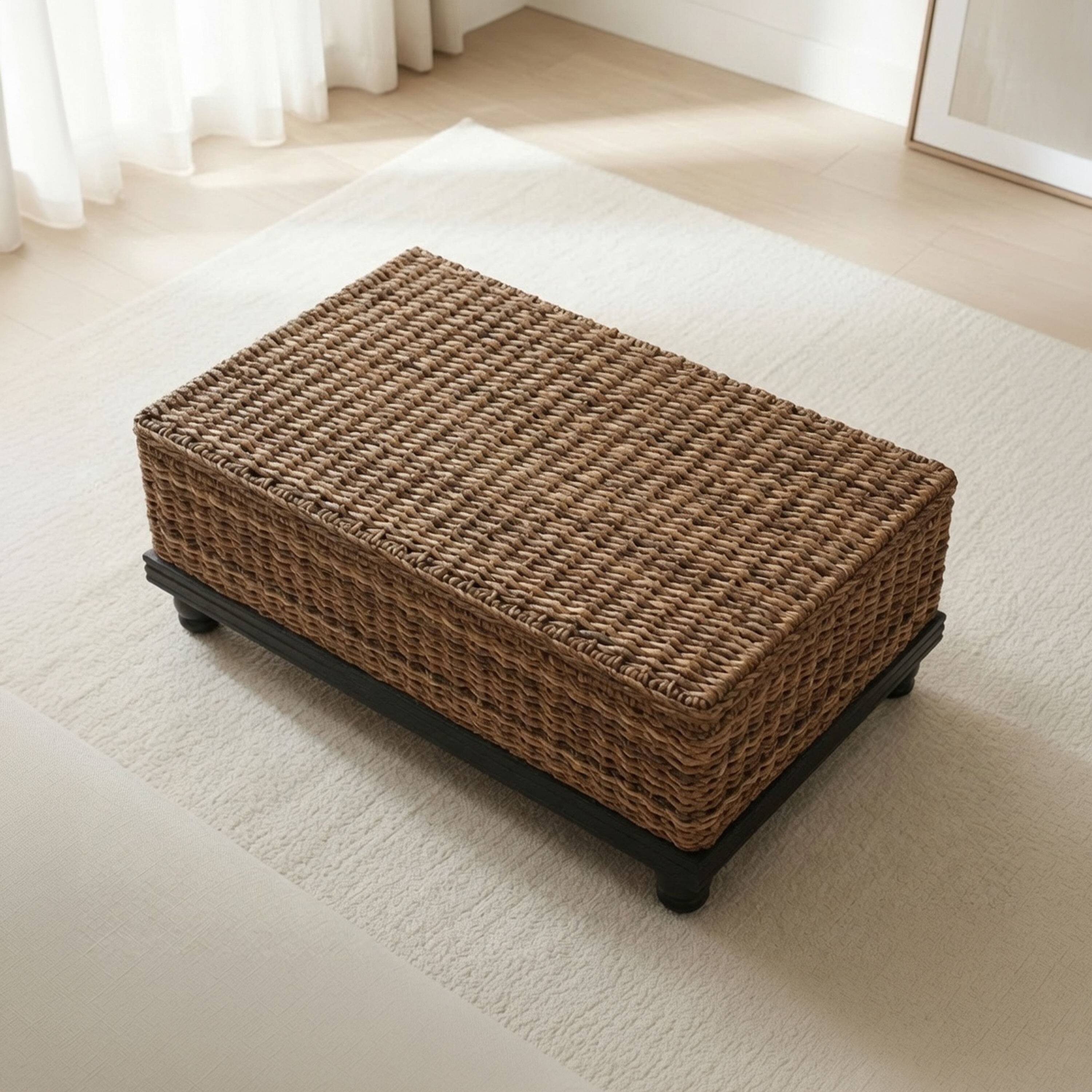 Alt View 7. Manhattan Lane - Jinu 48 Inch Coffee Table with Natural Brown Woven Banana Leaf Top, Acacia Wood Base, Organic Decor - Natural Brown, Black.