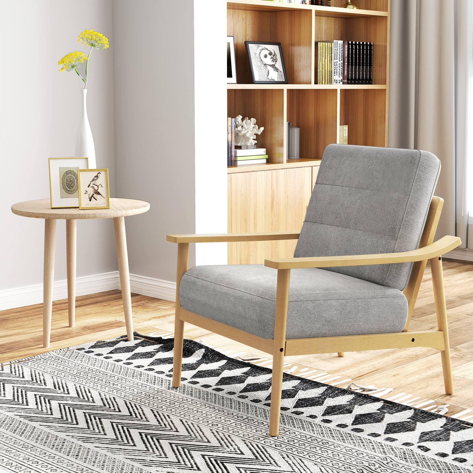 Alt View 1. Gymax - Gymax Modern Accent Chair Upholstered Leisure Armchair w/ Rubber Wood Armrests & Legs Grey & Natural - Grey, Natural.