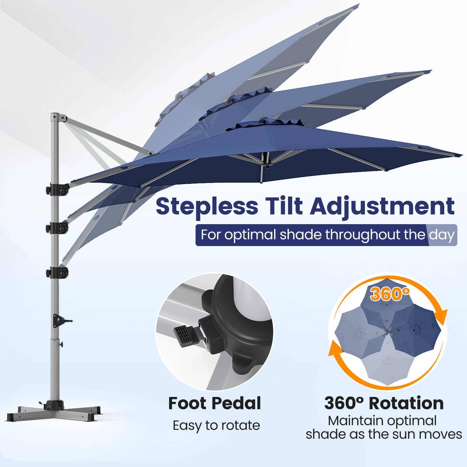 Stepless Tilt Adjustment For optimal shade throughout the day

360°

Foot Pedal Easy to rotate

360° Rotation Maintain optimal shade as the sun moves