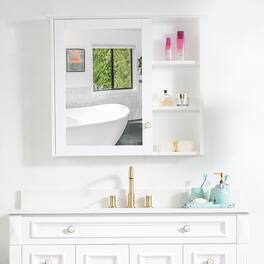 WELLFOR - 34 in. W x 30 in. H Rectangular Solid Wood Frame Surface Mount Medicine Cabinet with Mirror and Soft Close Door - White