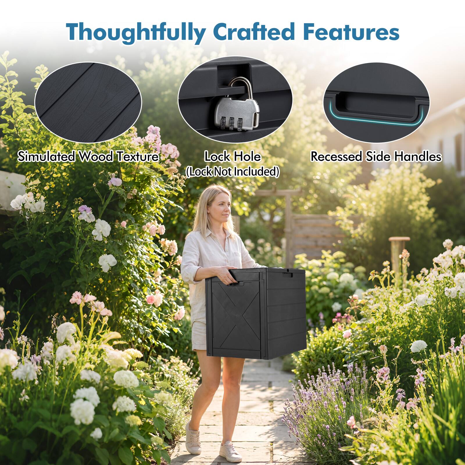 Thoughtfully Crafted Features

- Simulated Wood Texture
- Lock Hole (Lock Not Included)
- Recessed Side Handles