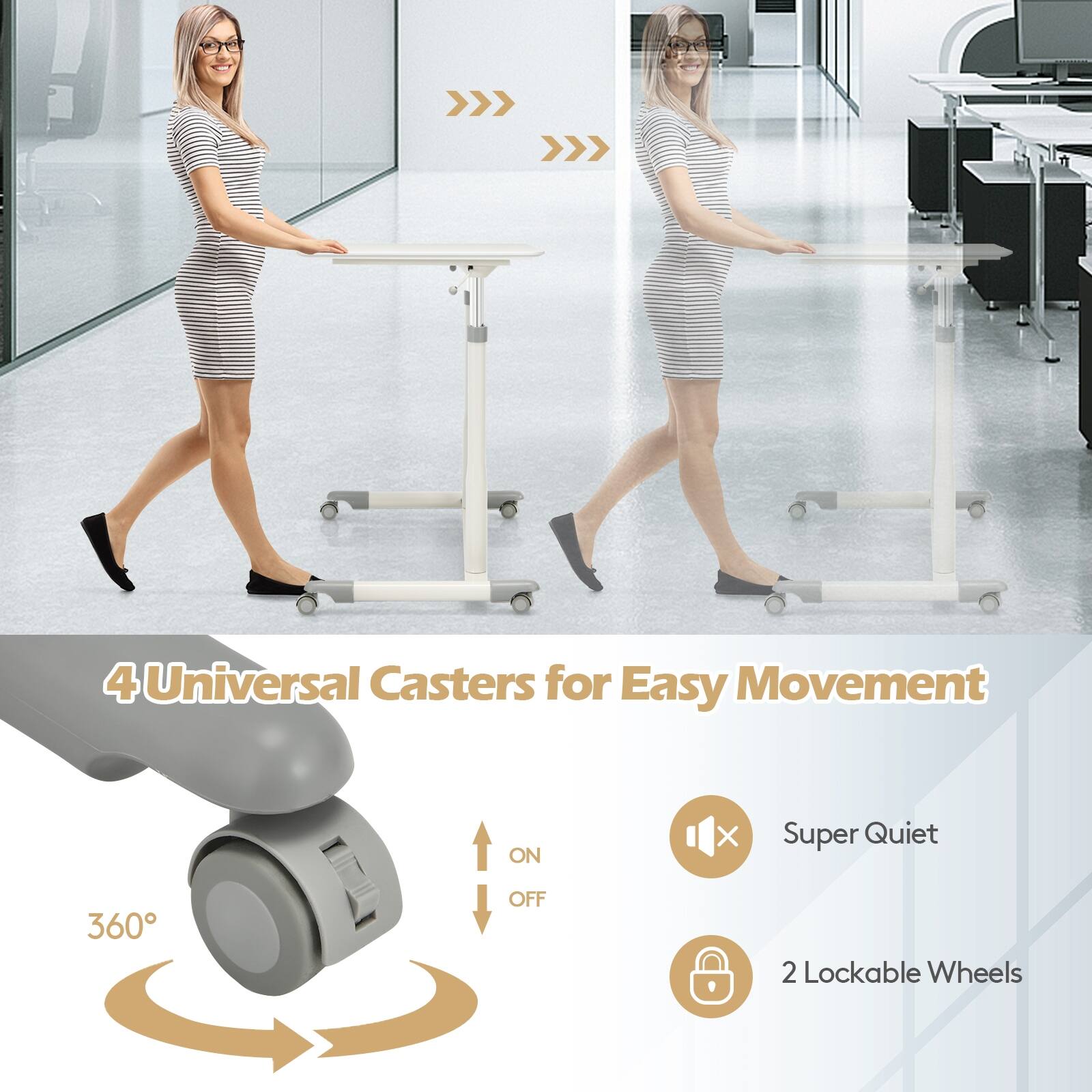 4 Universal Casters for Easy Movement  
ON X Super Quiet 360° OFF 2 Lockable Wheels