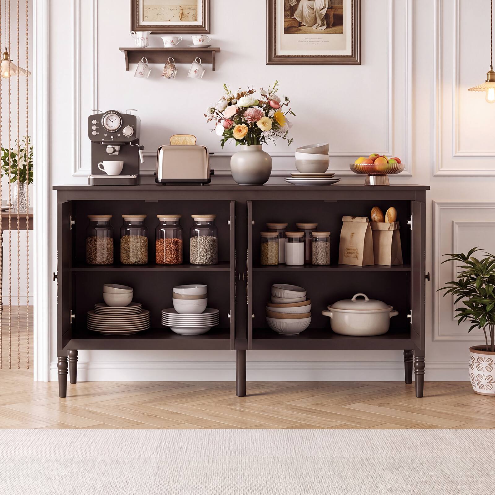 Alt View 3. Costway - Costway 58" Vintage Buffet Cabinet with 4 Doors & 2 Shelves, Storage, Pine Wood Legs - Brown.