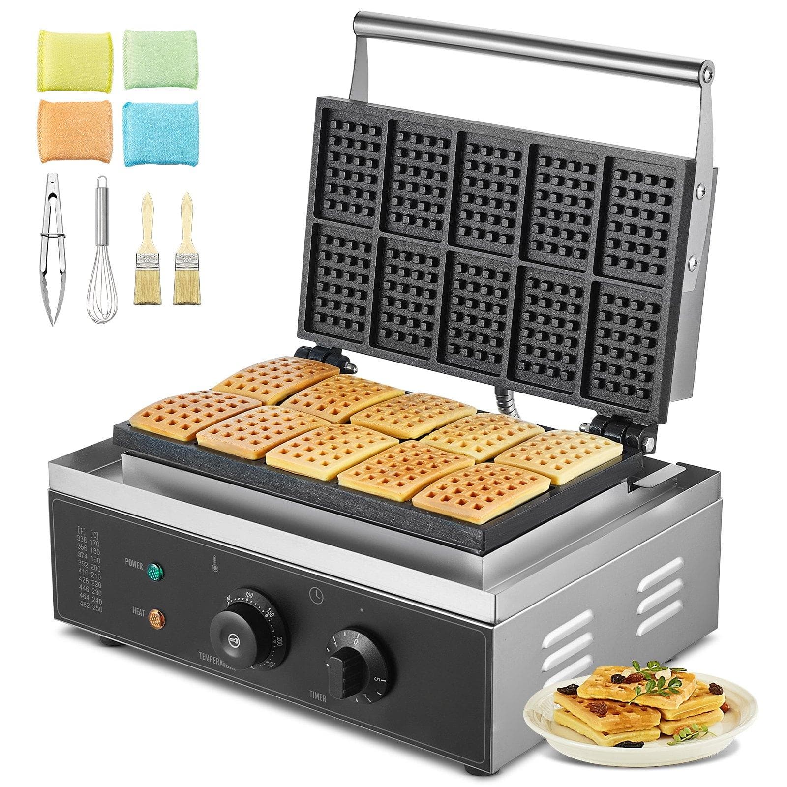 Glintex - Commercial Waffle Maker, 10-Section Rectangular Belgian Waffle Iron, 1550W, Nonstick Stainless Steel, Temp & Timer - Silver