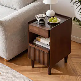 Whisen - Narrow Bedside Nightstand with Drawer and Open Storage Shelf for Bedroom and Living Room - Walnut