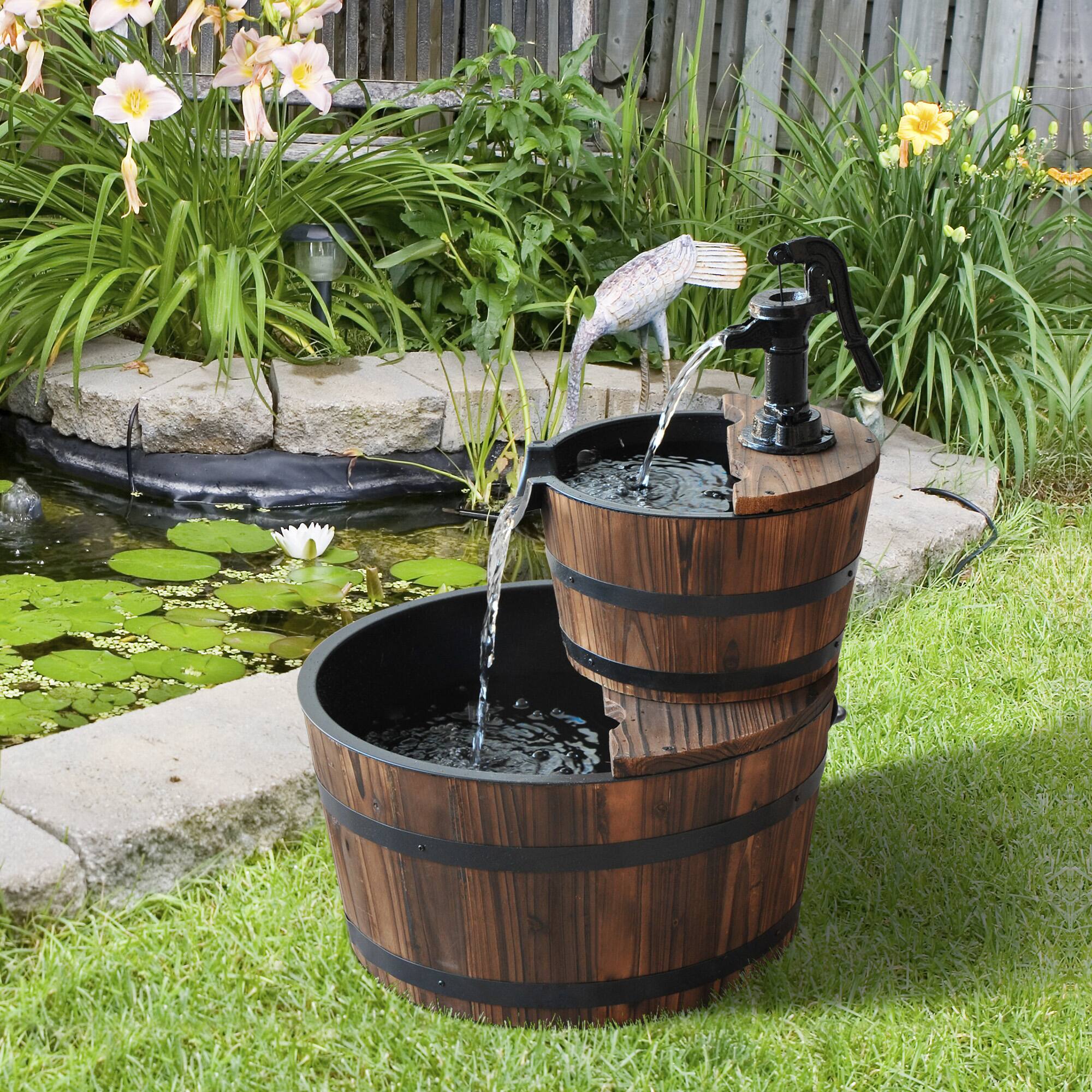 Alt View 1. Outsunny - Freestanding Fountain with 2 Tier Waterfall Barrel, Electric Pump for Garden Decor - carbonized brown.