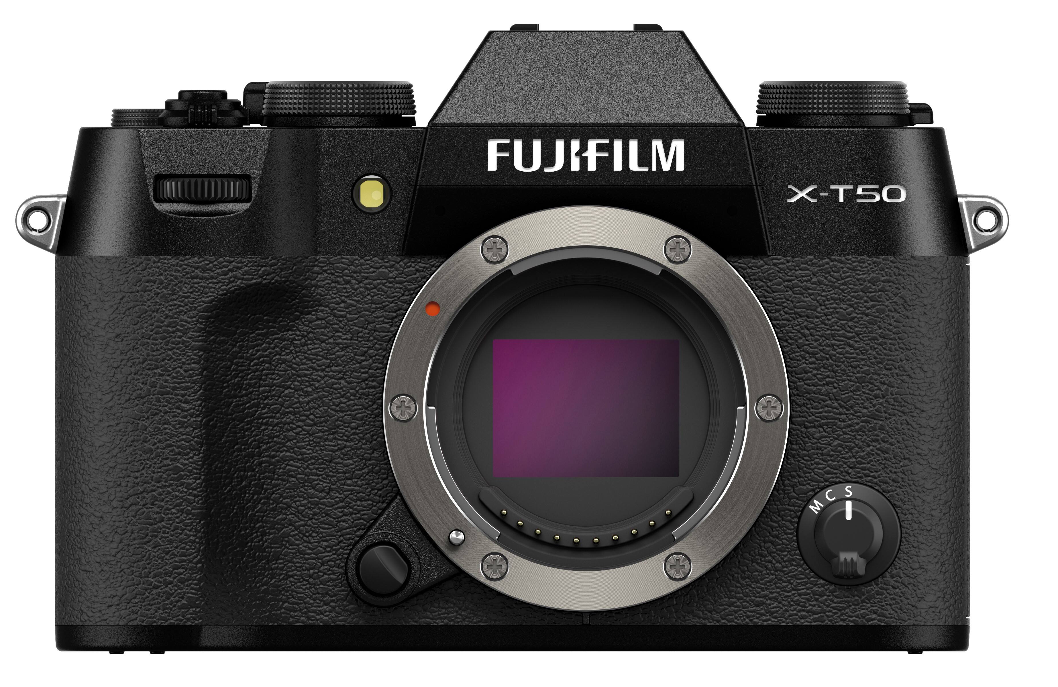 The image features a black FUJIFILM X-T50 camera with a large lens. The camera is positioned in a way that the lens is prominently visible, showcasing its size and quality. The camera is likely designed for professional photography, as it is a high-end model. The image is categorized as Digital_Cameras, which suggests that it is a product image of the camera.