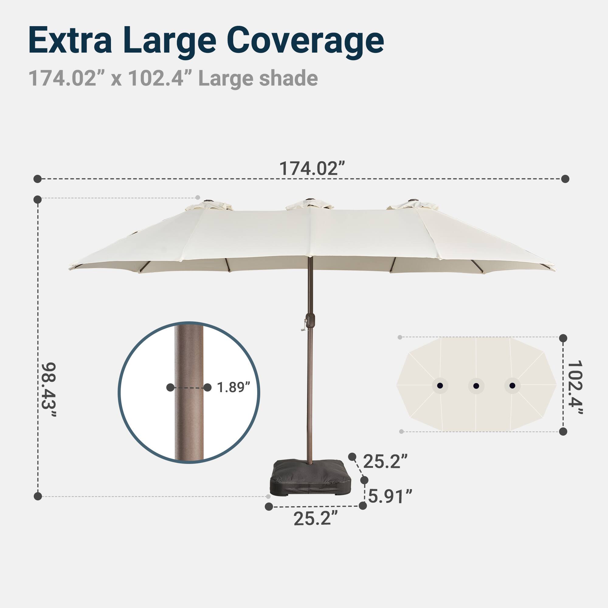 Extra Large Coverage 174.02" X 102.4" Large shade 174.02" 98.43" 1.89" 102.4" 25.2" 25.2" 5.91"