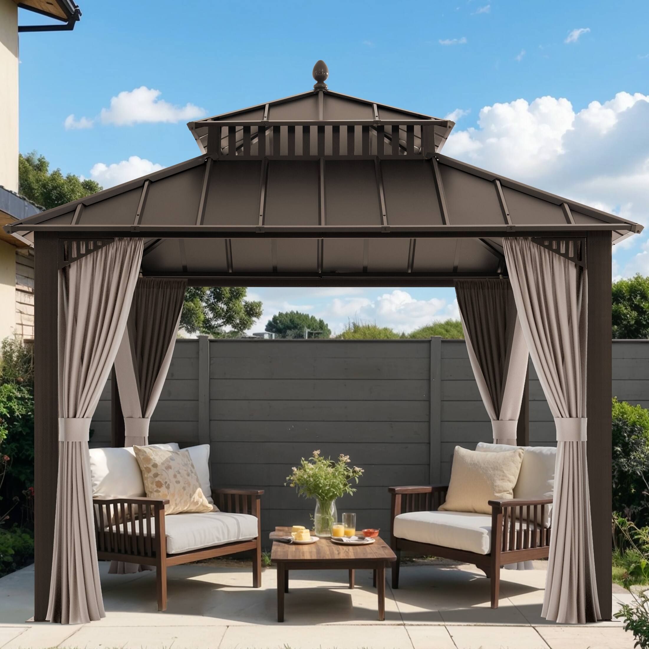 Front. SUNJOY - 10x10 Kingston Hardtop Rectangular Gazebo Brown.