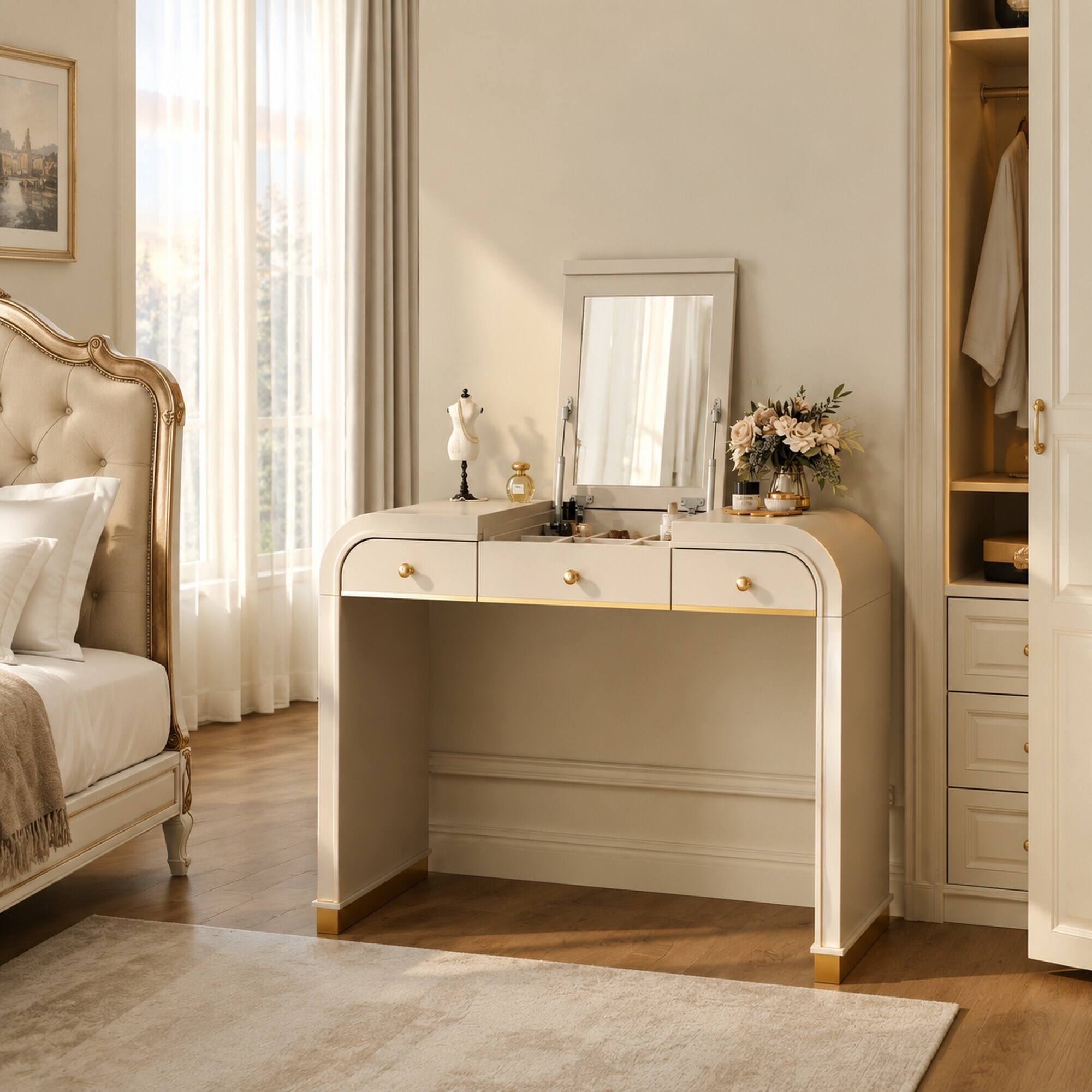 Angle. RYHNUYNE - Classic Wood Vanity Desk, Flip Mirror, 3-in-1 Dressing Table, 2 Drawers, Champagne Finish, Bedroom - Champagne.