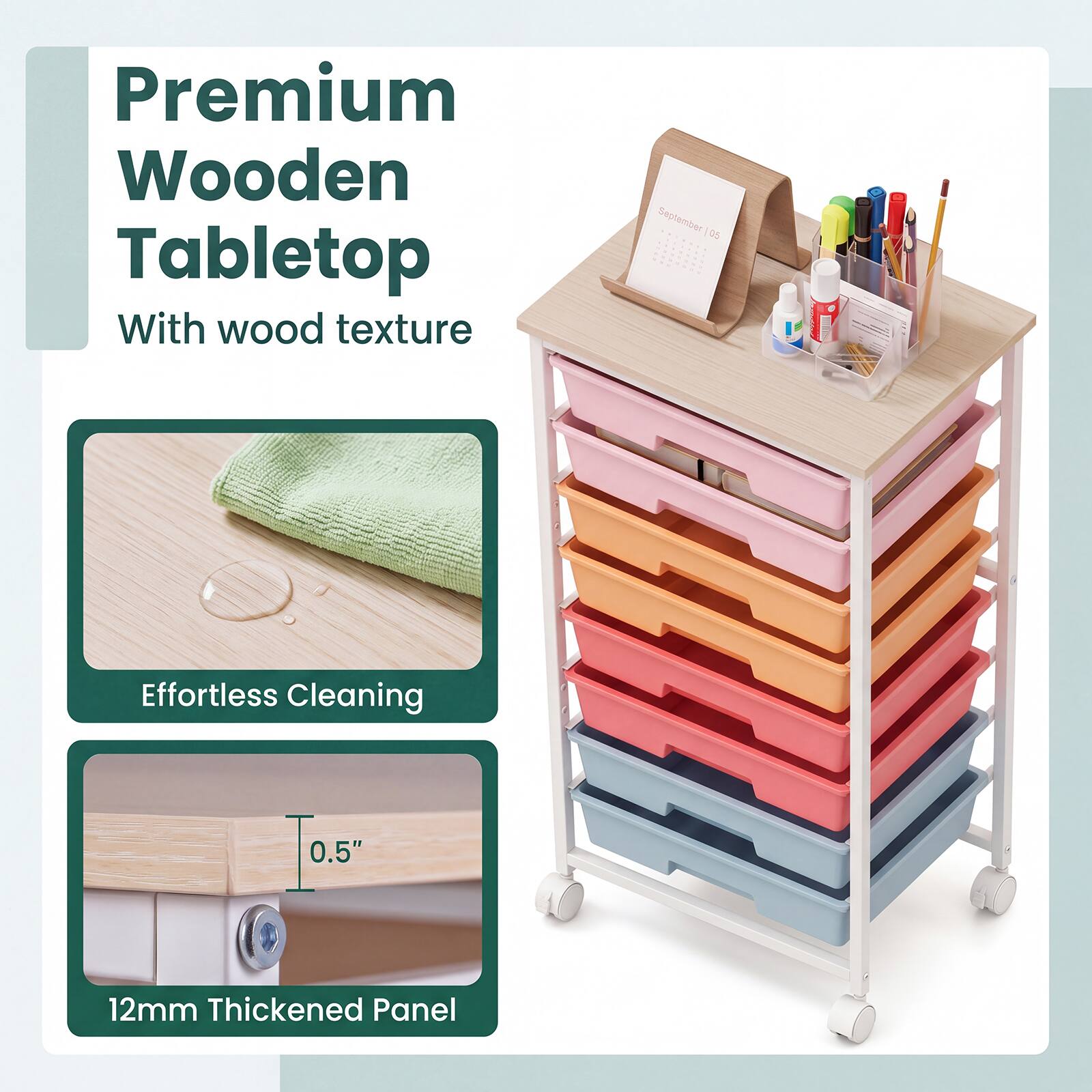 Premium Wooden Tabletop  
With wood texture

September 05

Effortless Cleaning

0.5"

12mm Thickened Panel