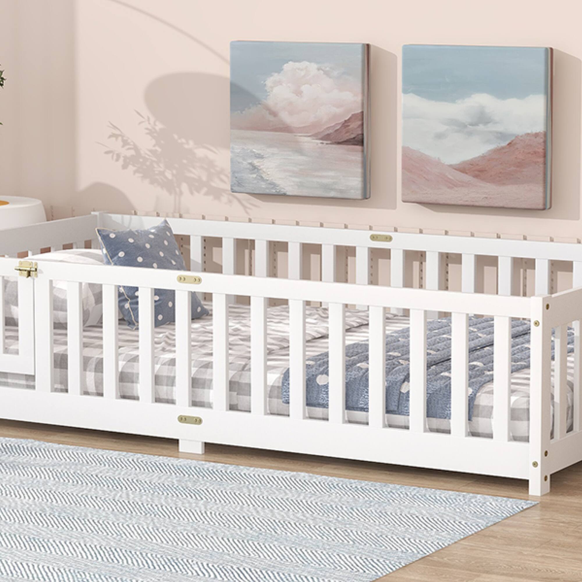 Alt View 7. GOODSILO - Twin Size Floor Bed with Safety Fence and Door for Kids, Sturdy Rubber Wood Construction - White.