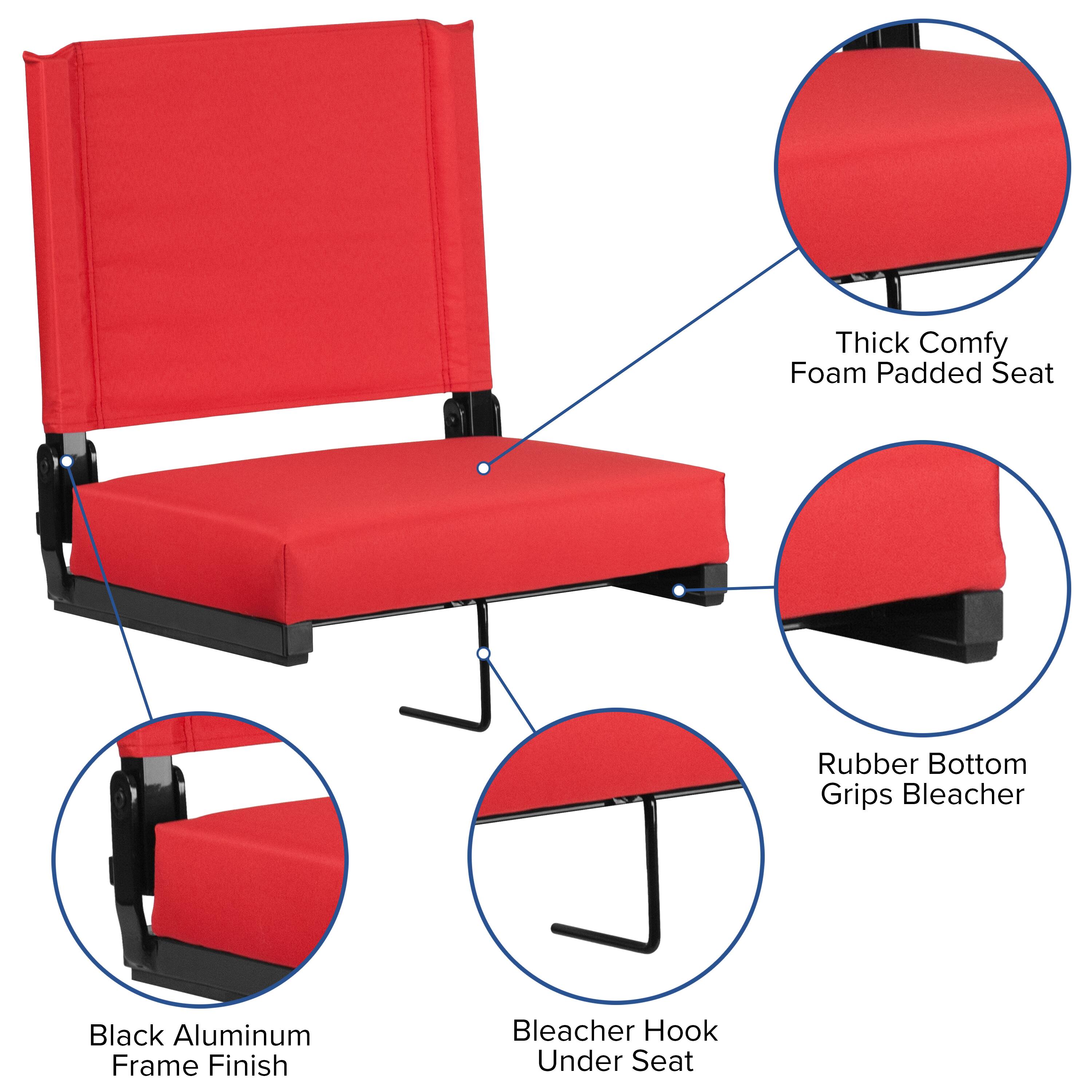Thick Comfy Foam Padded Seat  
Rubber Bottom Grips Bleacher  
Black Aluminum Frame Finish  
Bleacher Hook Under Seat