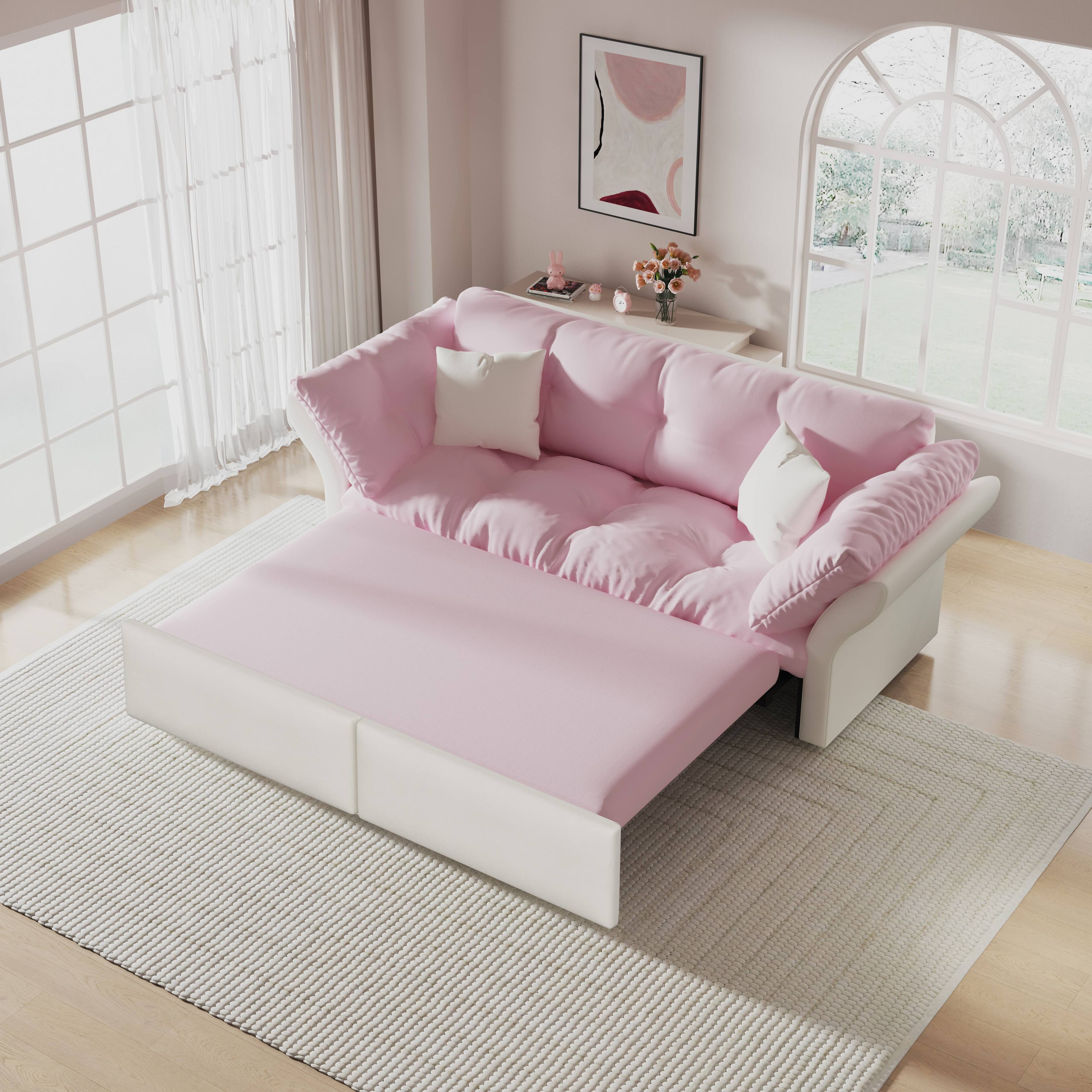 Left. Anysun - Queen 3-in-1 Pull Out Sofa Bed - Tufted Velvet Design, Includes 2 Pillows, Multi-Functional Loveseat. - Pink.