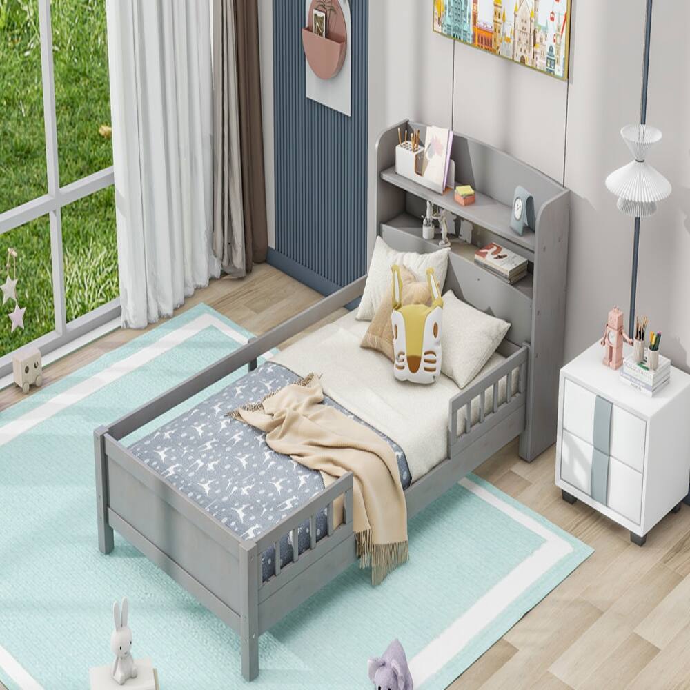 Alt View 1. Loheer - Loheer Twin Platform Bed with LED Light Storage Headboard Antique Grey Wood Frame - Antique Grey.