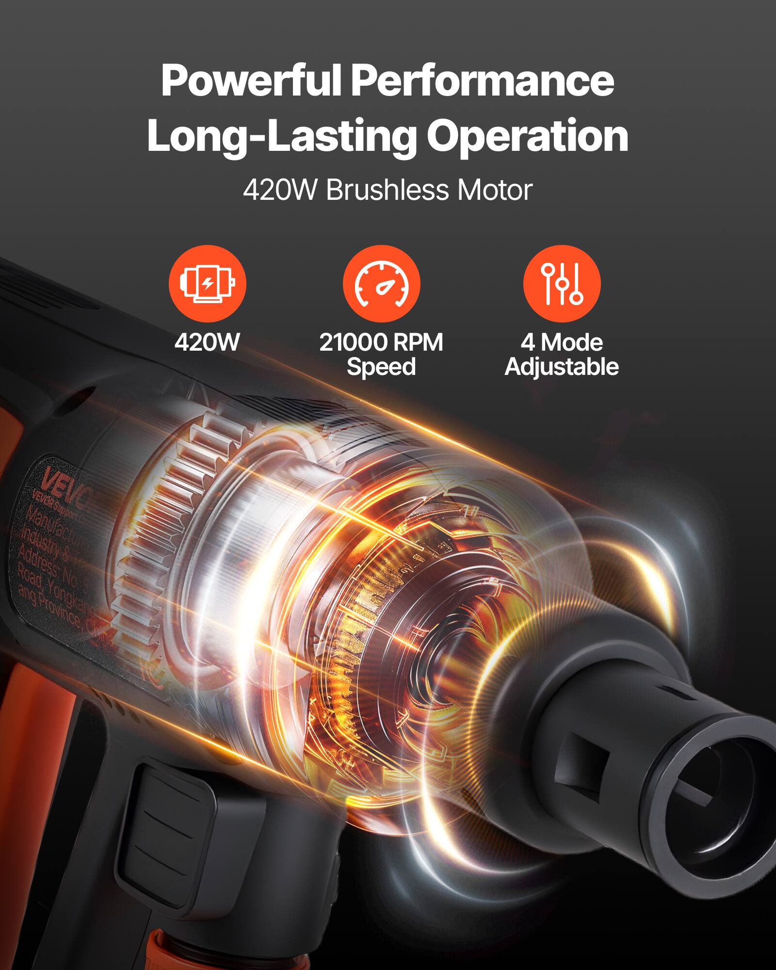 Powerful Performance Long-Lasting Operation  
420W Brushless Motor  
420W  
21000 RPM Speed  
4 Mode Adjustable  

VEVO  
Support Manufacturer  
Industry & Road Address No.  
Yongkang, Zhejiang Province, China