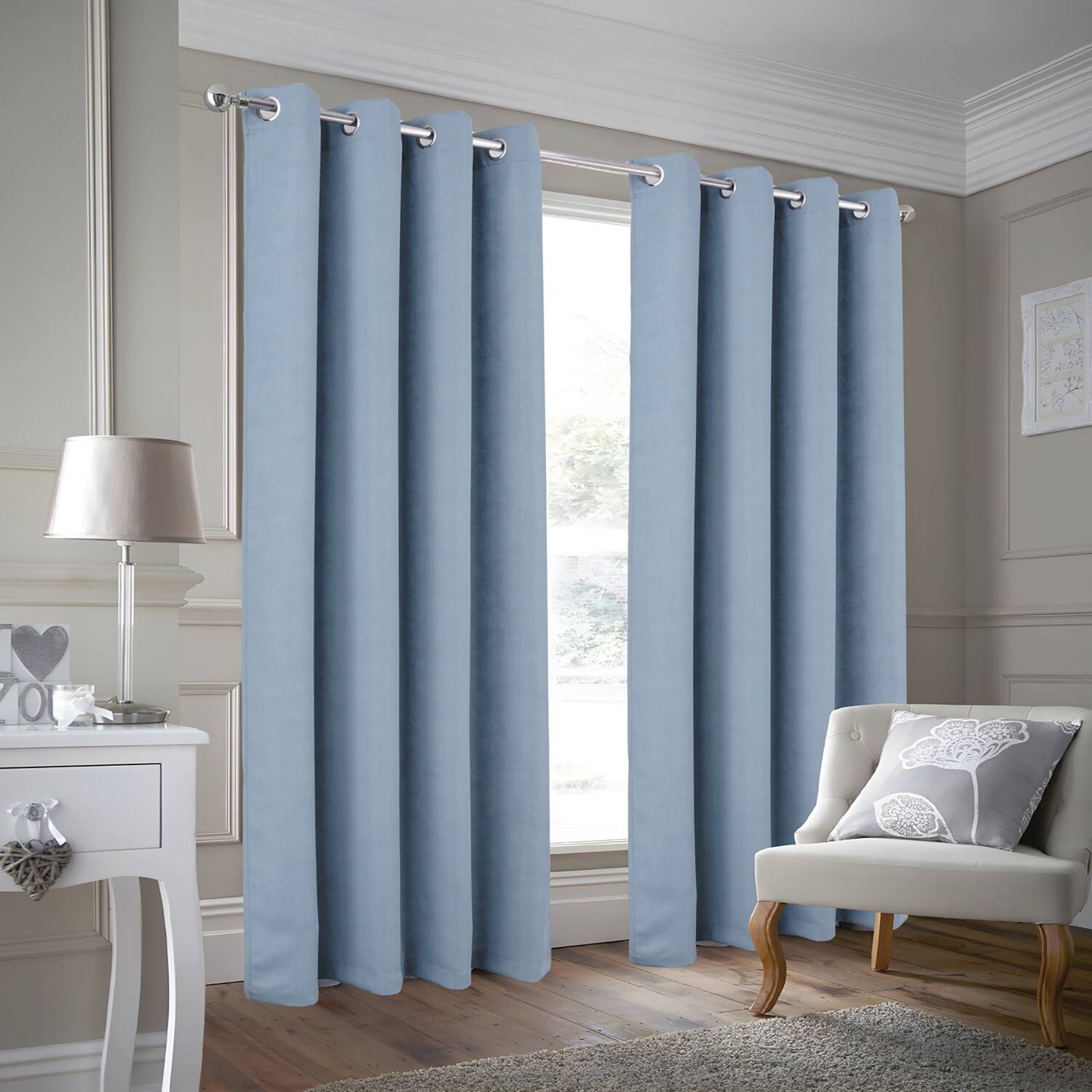 Left. Olivia Gray - Olivia Gray 100% Polyester 190 GSM Justice Reversible Blackout Grommet Curtain Panel 54" x 84" Blue - Blue.