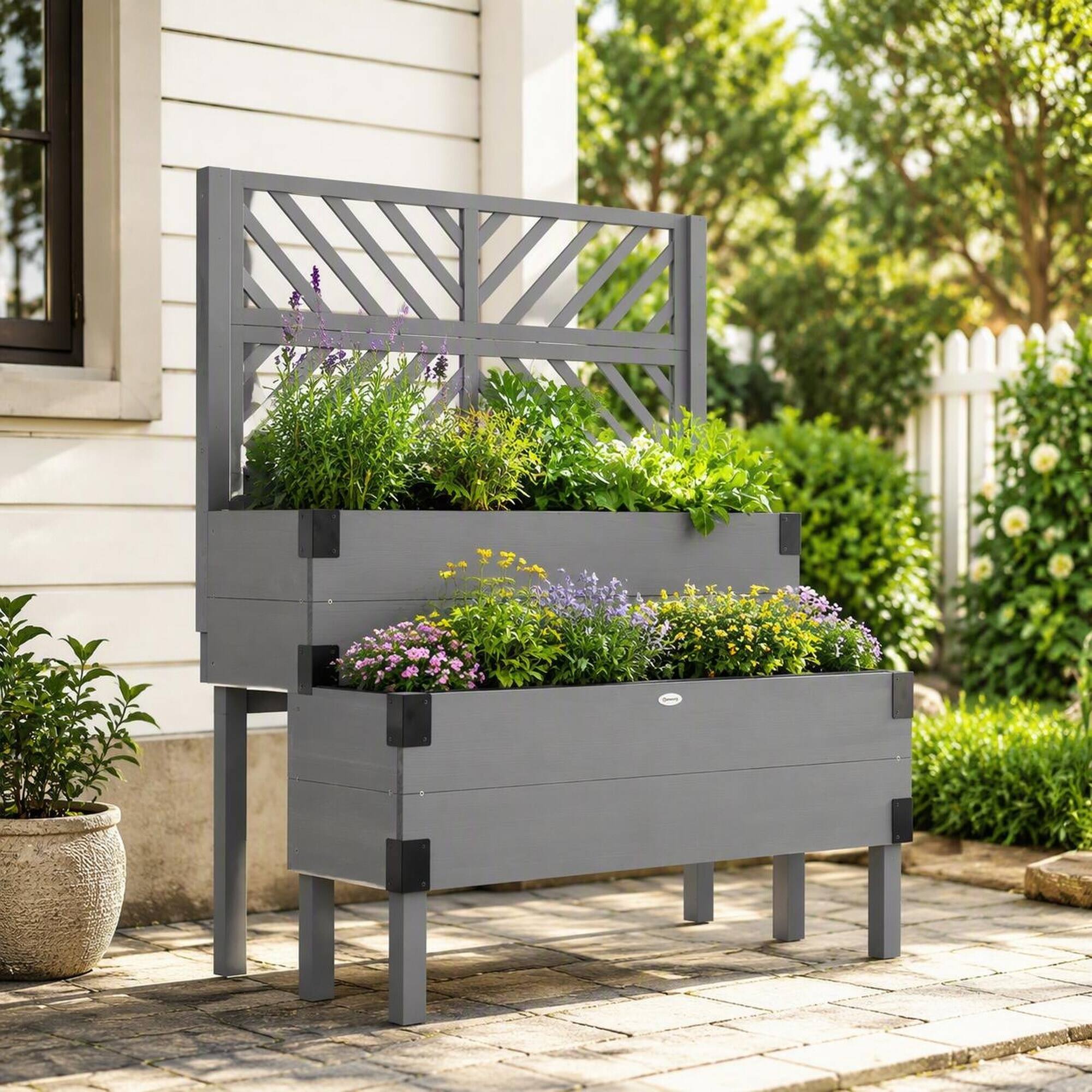 Left. RYHNUYNE - Outsunny Raised Garden Bed with Trellis, 2 Tier Wooden Elevated Planter Box with Legs, Metal Corners - Gray.