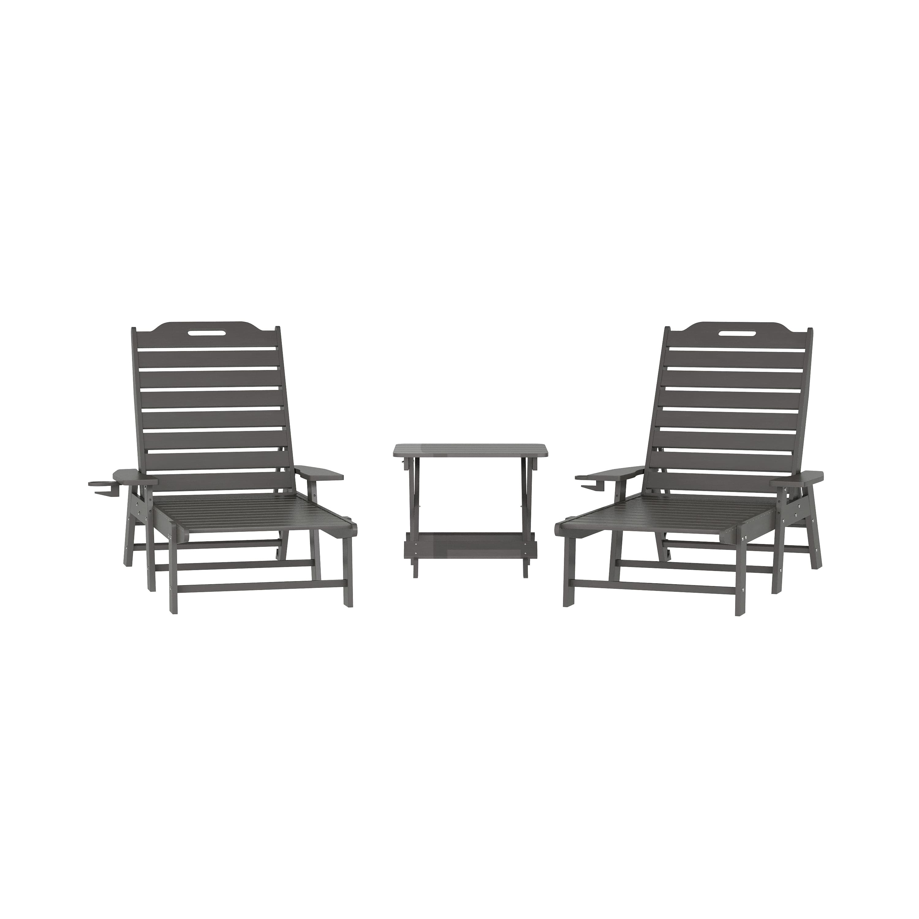 Emma + Oliver - 3pc Indoor/Outdoor Set with 2 Adirondack Lounge Chairs/Folding Side Table - Gray