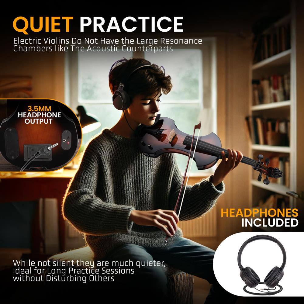 QUIET PRACTICE  
Electric Violins Do Not Have the Large Resonance Chambers like The Acoustic Counterparts  

3.5MM HEADPHONE OUTPUT  

CEEe HEADPHONES INCLUDED  

While not silent they are much quieter, Ideal for Long Practice Sessions without Disturbing Others