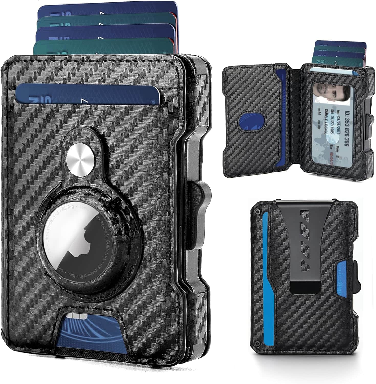 Vulpecula Spade - AirTag Wallet for Men, RFID Blocking Slim Mens Wallet with Money Clip, Minimalist Credit Card Holder for Apple Air Tag - Black Carbon